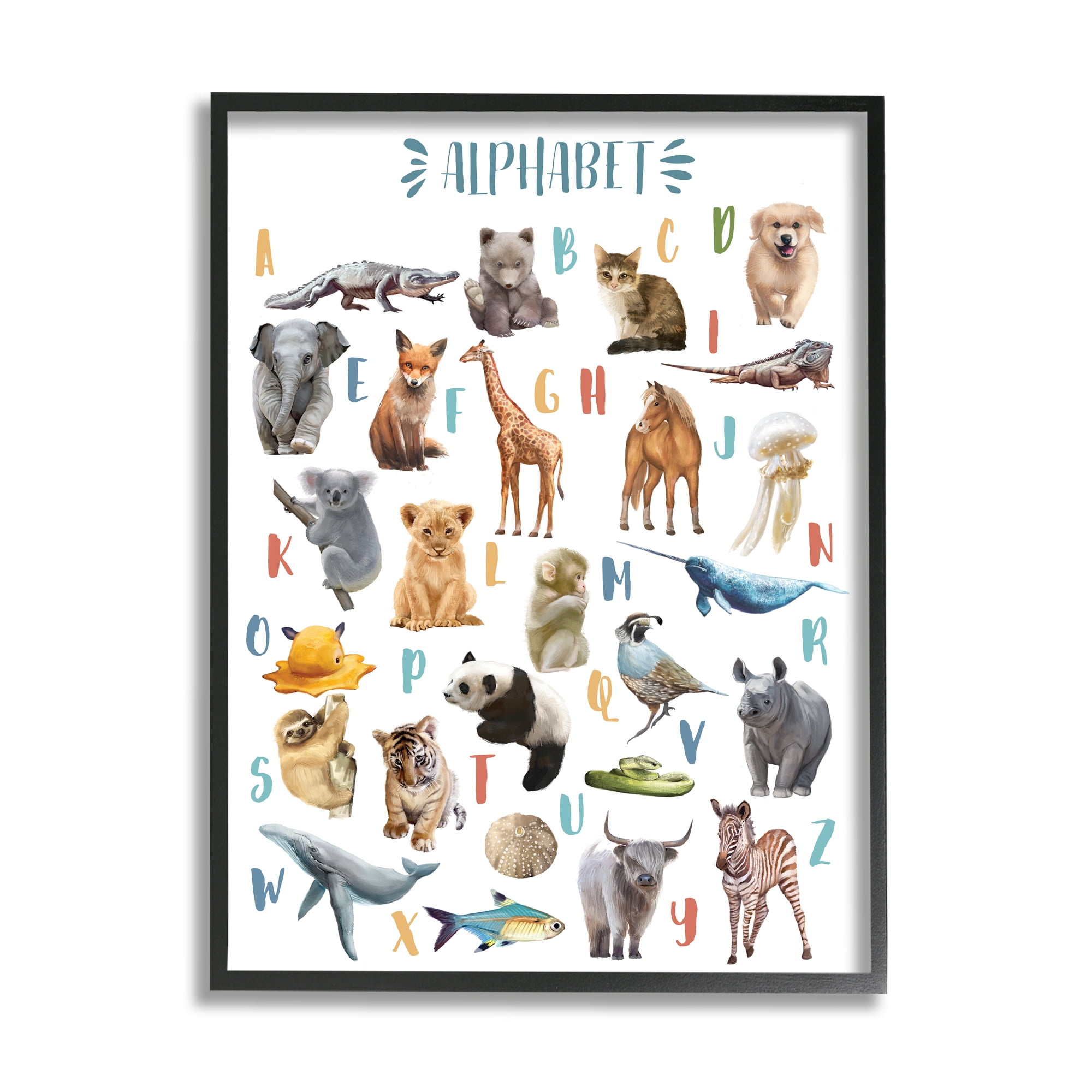 Stupell Industries Kid's Playful Animal Alphabet Whimsical ABC's Graphic Art Black Framed Art Print Wall Art, 11x14, by Ziwei Li