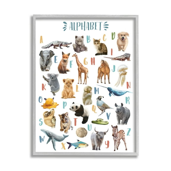 Stupell Industries Kid's Playful Animal Alphabet Whimsical ABC's Graphic Art Gray Framed Art Print Wall Art, 11x14, by Ziwei Li