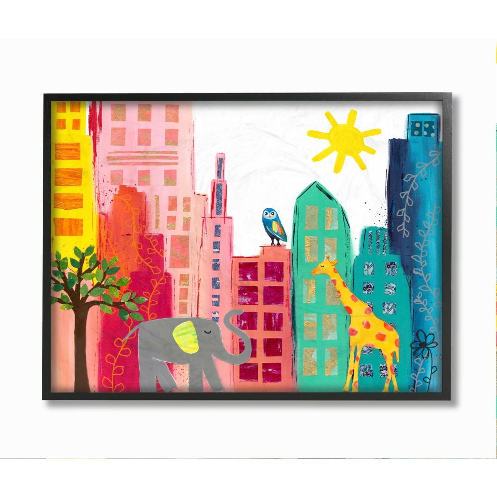 Stupell Industries Kid's Safari Animal City Scene Elephant Giraffe Owl Animals & Insects Painting Black Framed Art Print Wall Art, 16 x 20