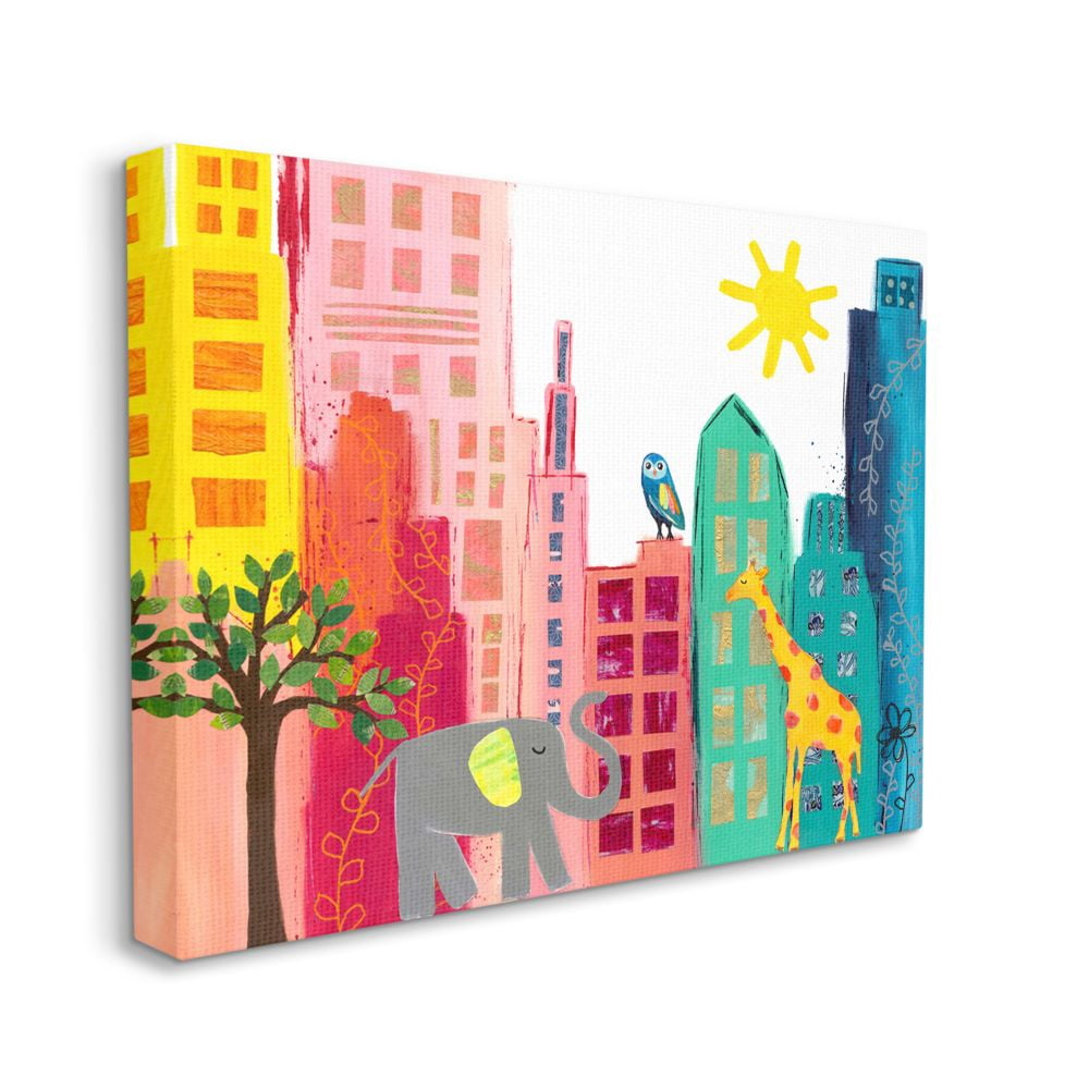 Stupell Industries Kid's Safari Animal City Scene Elephant Giraffe Owl Canvas Wall Art Design by Jennifer McCully, 24" x 30"