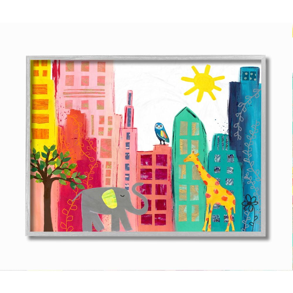 Stupell Industries Kid's Safari Animal City Scene Elephant Giraffe Owl Framed Wall Art Design by Jennifer McCully, 16" x 20", Gray Framed
