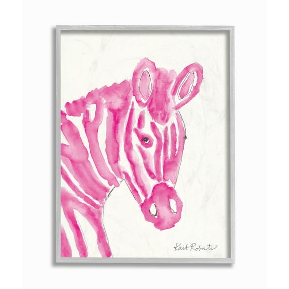 Stupell Industries Kid's Watercolor Zebra Portrait Pink Stripe Zoo Animal Framed Wall Art Design by Kait Roberts, 11" x 14", Gray Framed
