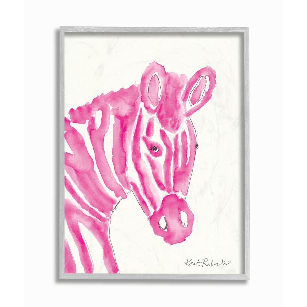 Stupell Industries Kid's Watercolor Zebra Portrait Pink Stripe Zoo Animal Framed Wall Art Design by Kait Roberts, 16" x 20", Gray Framed