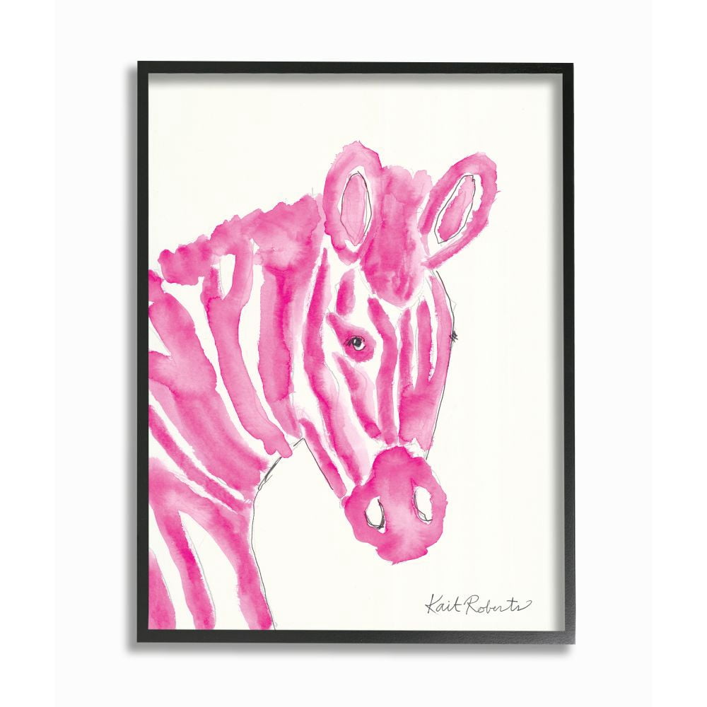 Stupell Industries Kid's Watercolor Zebra Portrait Pink Stripe Zoo Animal Framed Wall Art Design by Kait Roberts, 24" x 30", Black Framed