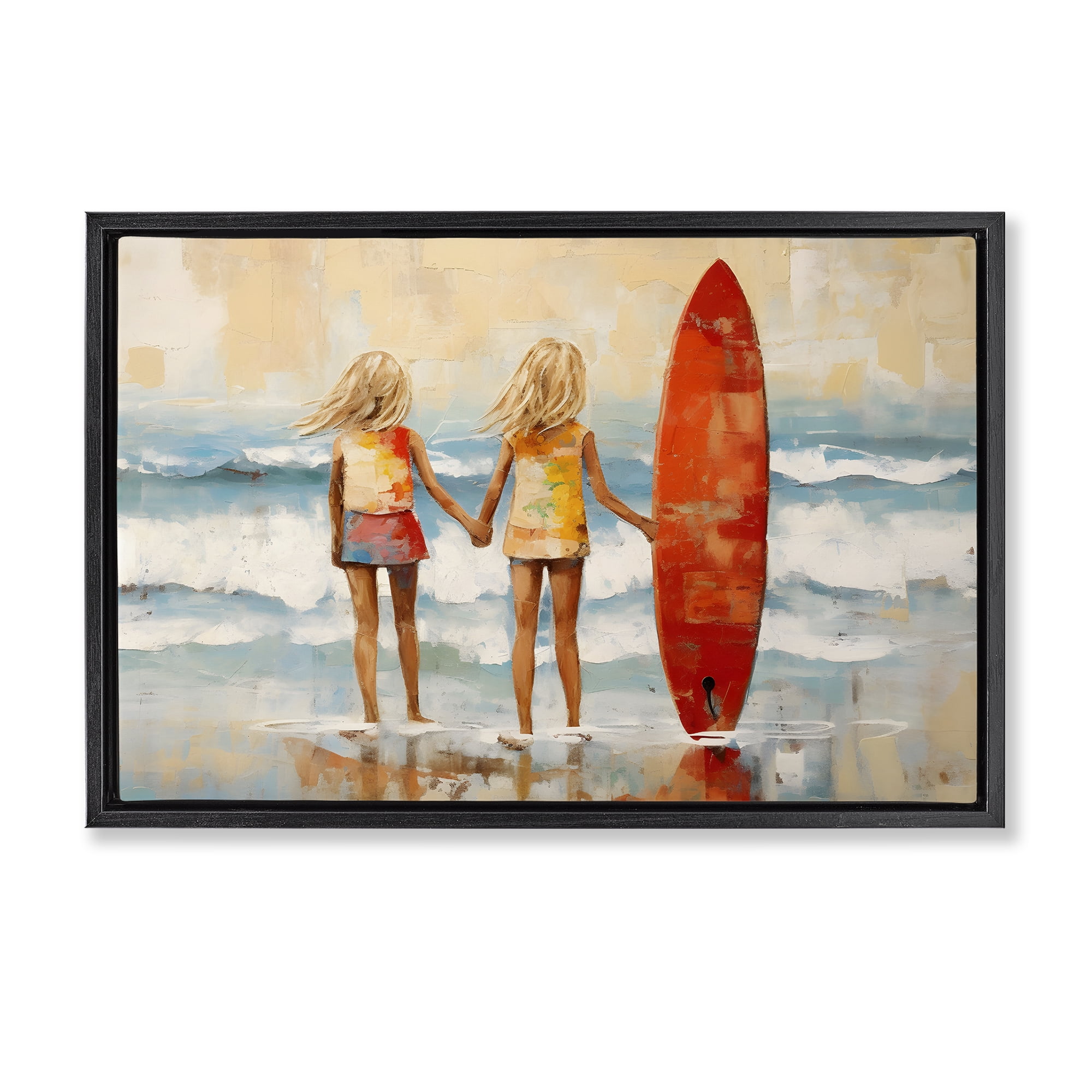 Stupell Industries Kids & Beach Surfboard People Painting Black Floater Framed Canvas Art Print Wall Art, 25 x 17