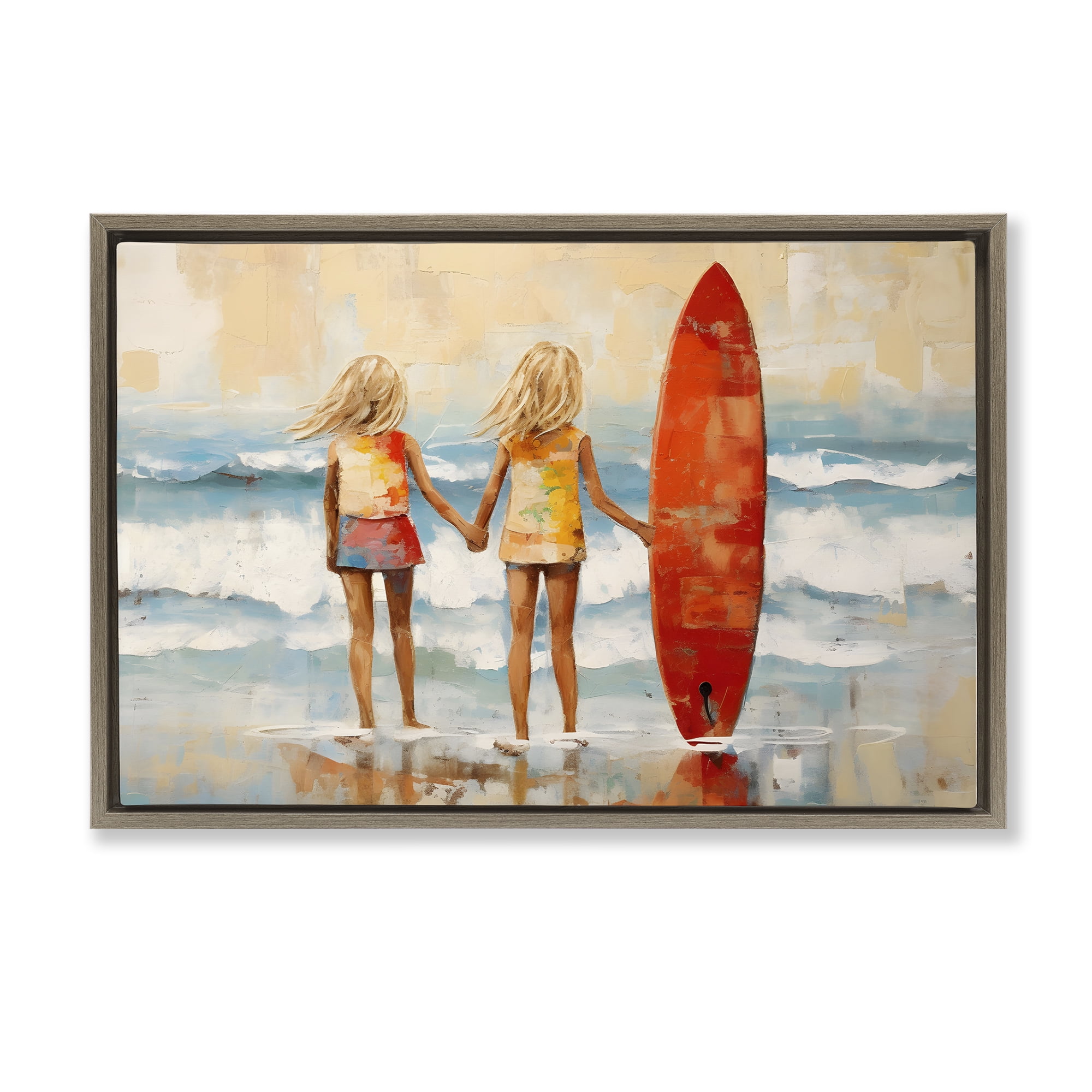 Stupell Industries Kids & Beach Surfboard People Painting Brown Floater Framed Canvas Art Print Wall Art, 25 x 17