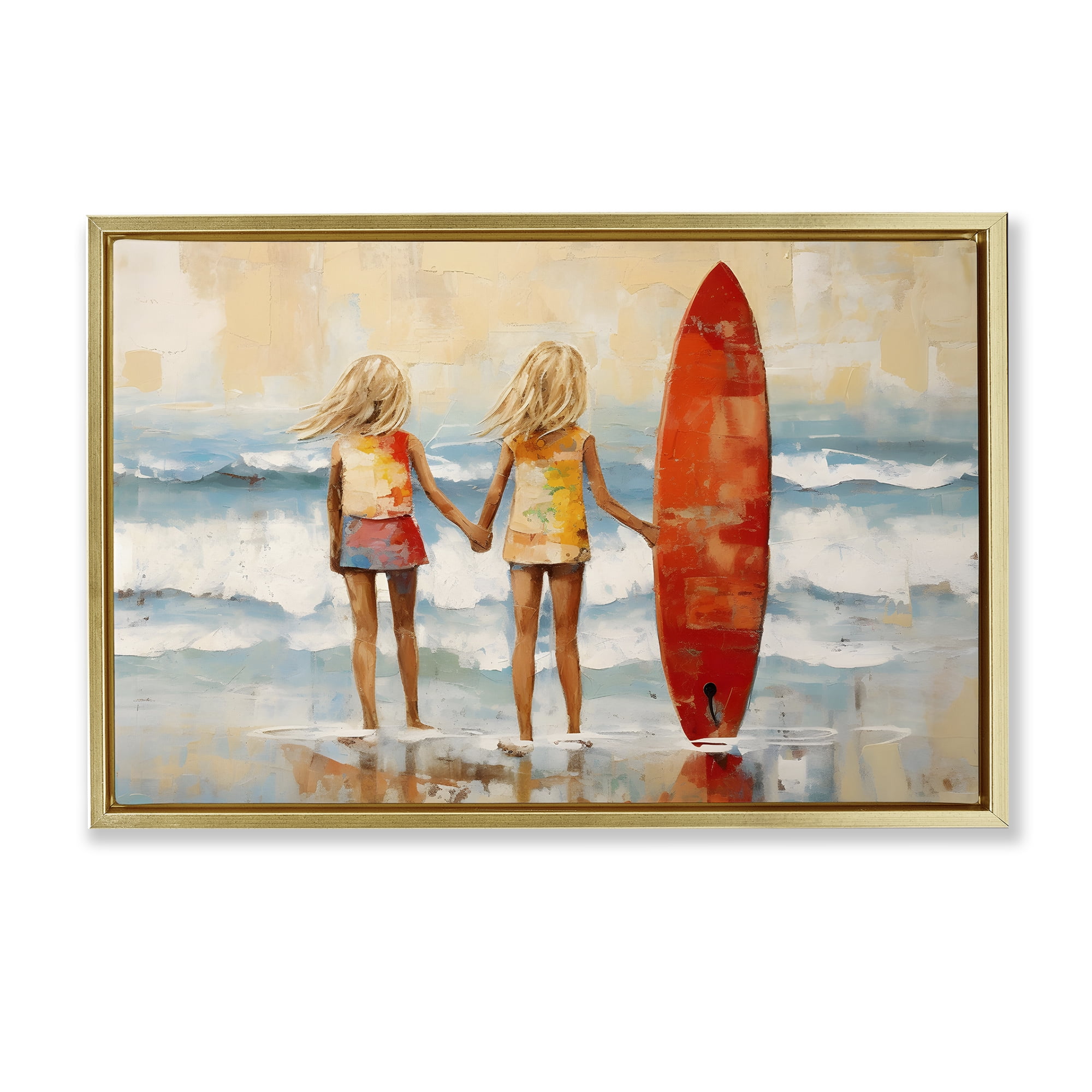 Stupell Industries Kids & Beach Surfboard People Painting Gold Floater Framed Canvas Art Print Wall Art, 31 x 21