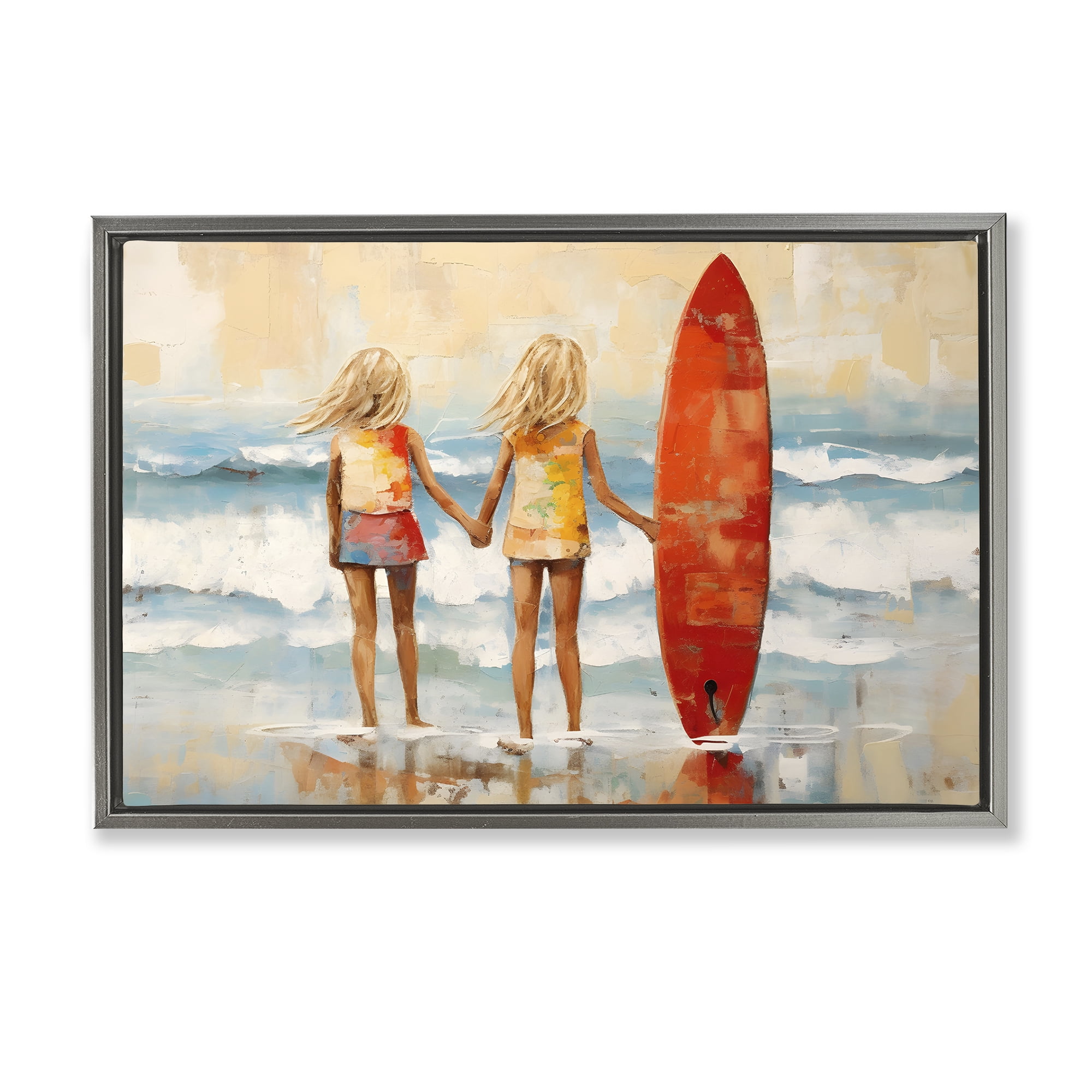 Stupell Industries Kids & Beach Surfboard People Painting Gray Floater Framed Canvas Art Print Wall Art, 31 x 21