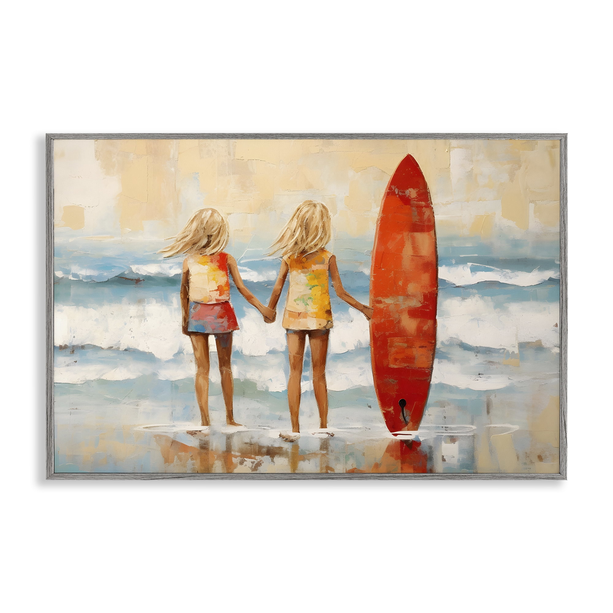 Stupell Industries Kids & Beach Surfboard People Painting Gray Framed Art Print Wall Art, 30 x 20