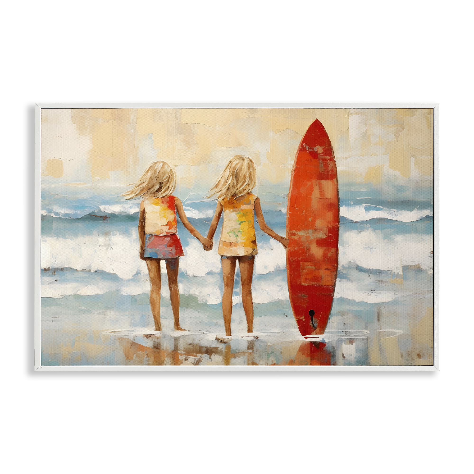 Stupell Industries Kids & Beach Surfboard People Painting White Framed Art Print Wall Art, 18 x 12