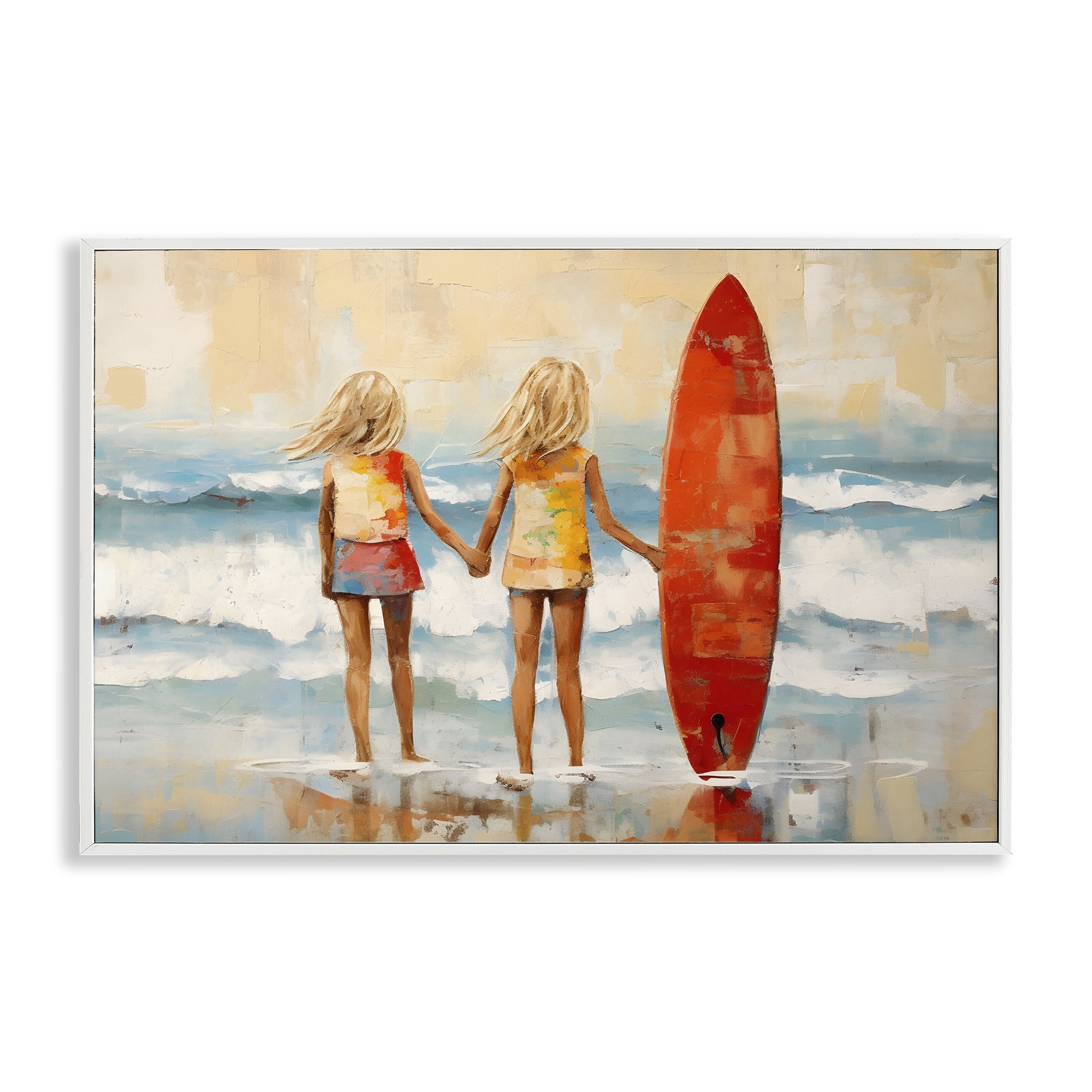 Stupell Industries Kids & Beach Surfboard People Painting White Framed Art Print Wall Art, 24 x 16