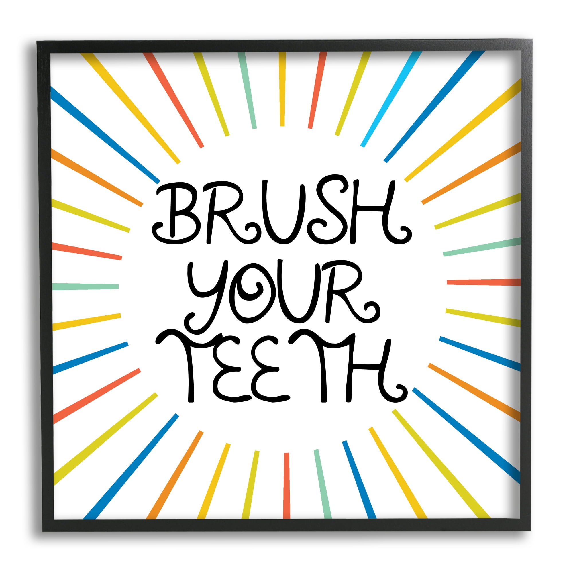Stupell Industries Kids' Brush Your Teeth Bathroom Rules Rainbow Stripes Typography Painting Black Framed Art Print Wall Art, 24 x 24