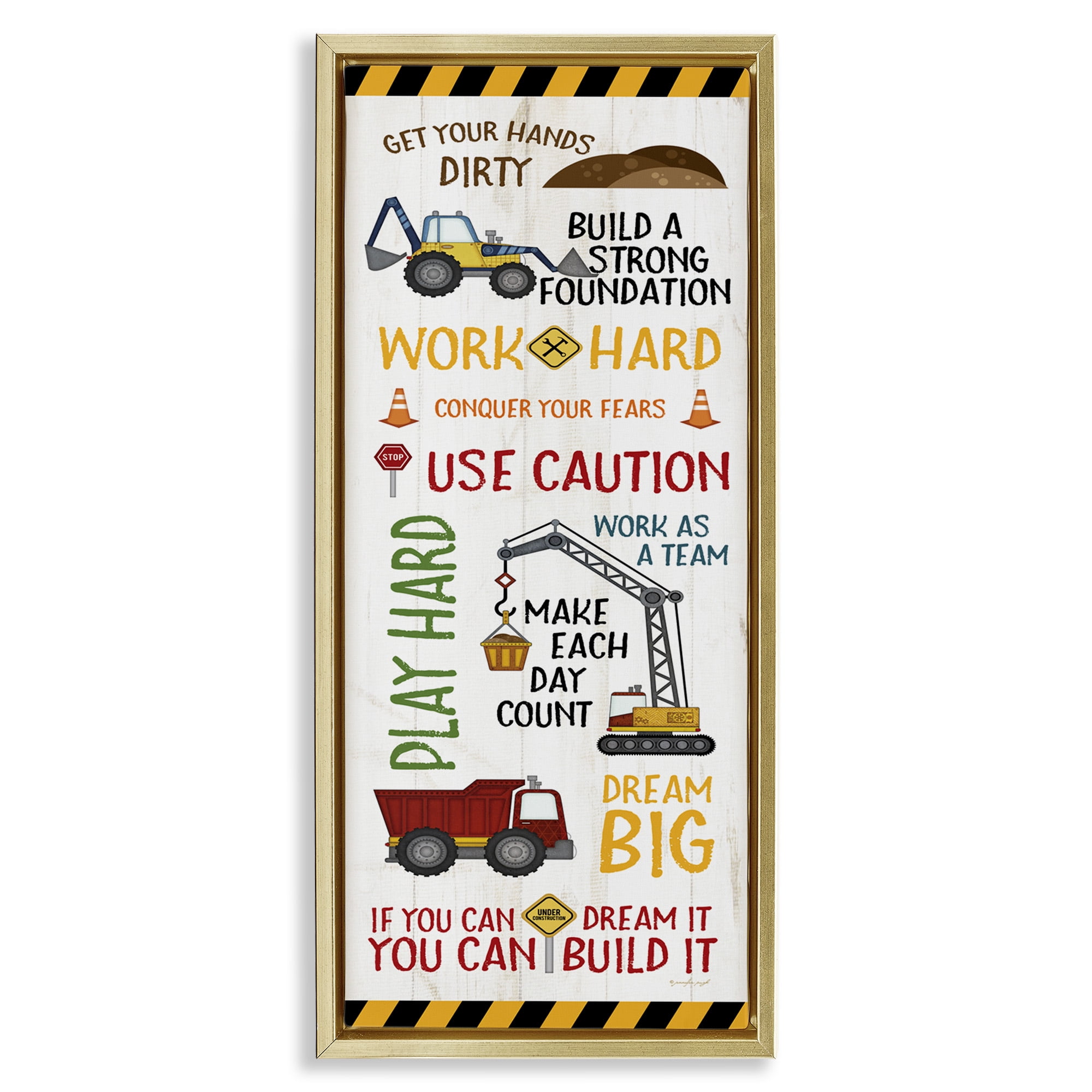 Stupell Industries Kids' Construction Zone Vehicles Transportation Painting Gold Floater Framed Canvas Art Print Wall Art, 15 x 31