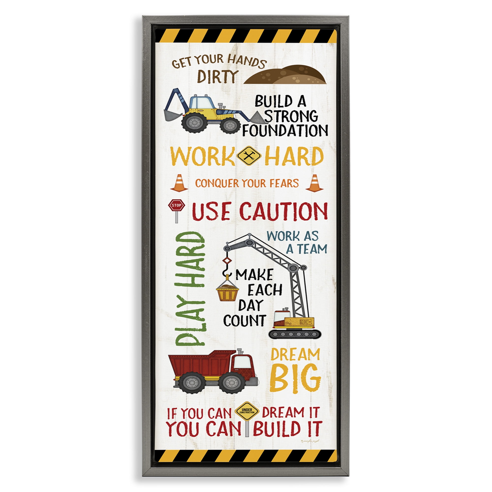 Stupell Industries Kids' Construction Zone Vehicles Transportation Painting Gray Floater Framed Canvas Art Print Wall Art, 11 x 25