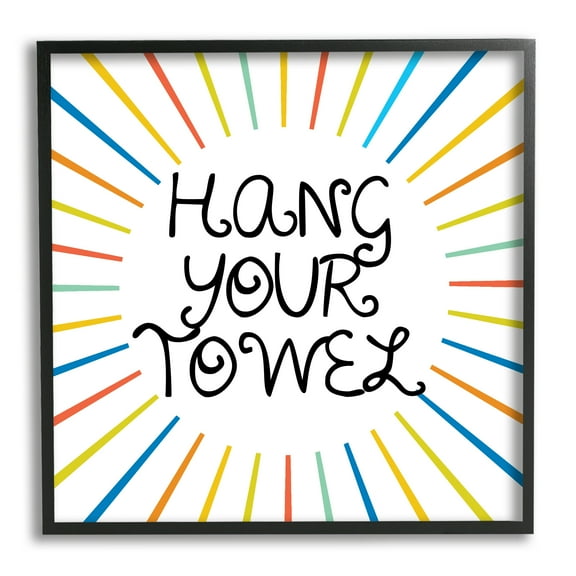Stupell Industries Kids' Hang Your Towel Bathroom Rules Rainbow Stripes Typography Painting Black Framed Art Print Wall Art, 12 x 12