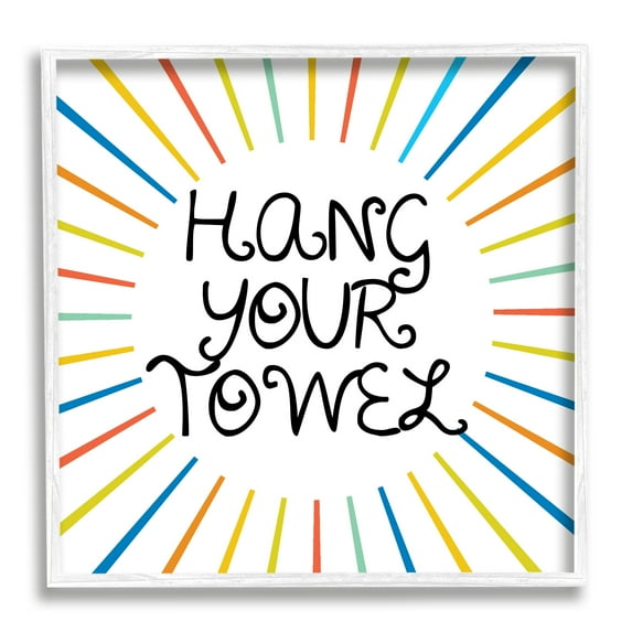 Stupell Industries Kids' Hang Your Towel Bathroom Rules Rainbow Stripes Typography Painting White Framed Art Print Wall Art, 24 x 24