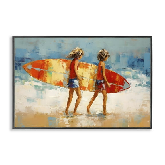 Stupell Industries Kids Holding Surfboard People Painting Black Framed Art Print Wall Art, 18 x 12