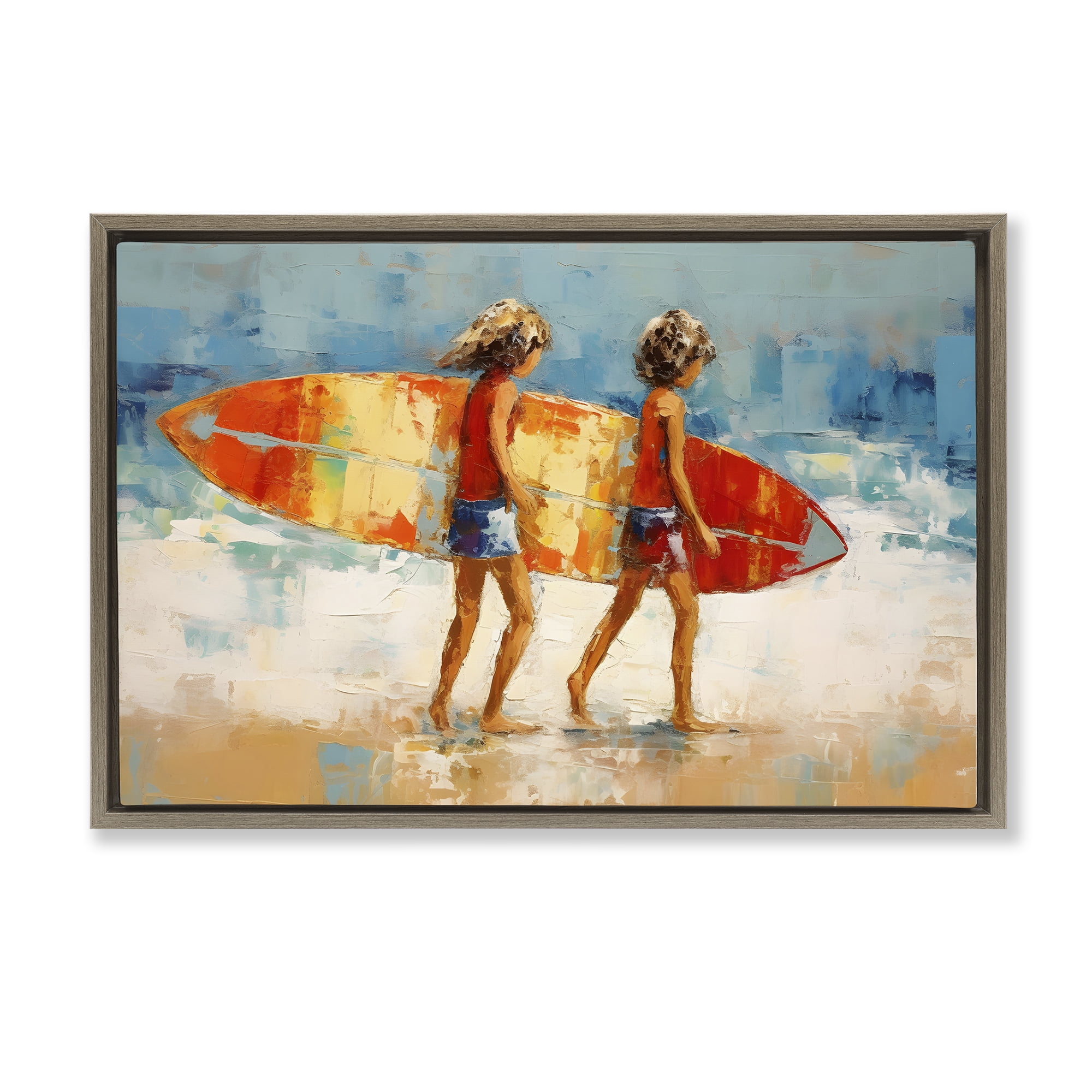 Stupell Industries Kids Holding Surfboard People Painting Brown Floater Framed Canvas Art Print Wall Art, 31 x 21