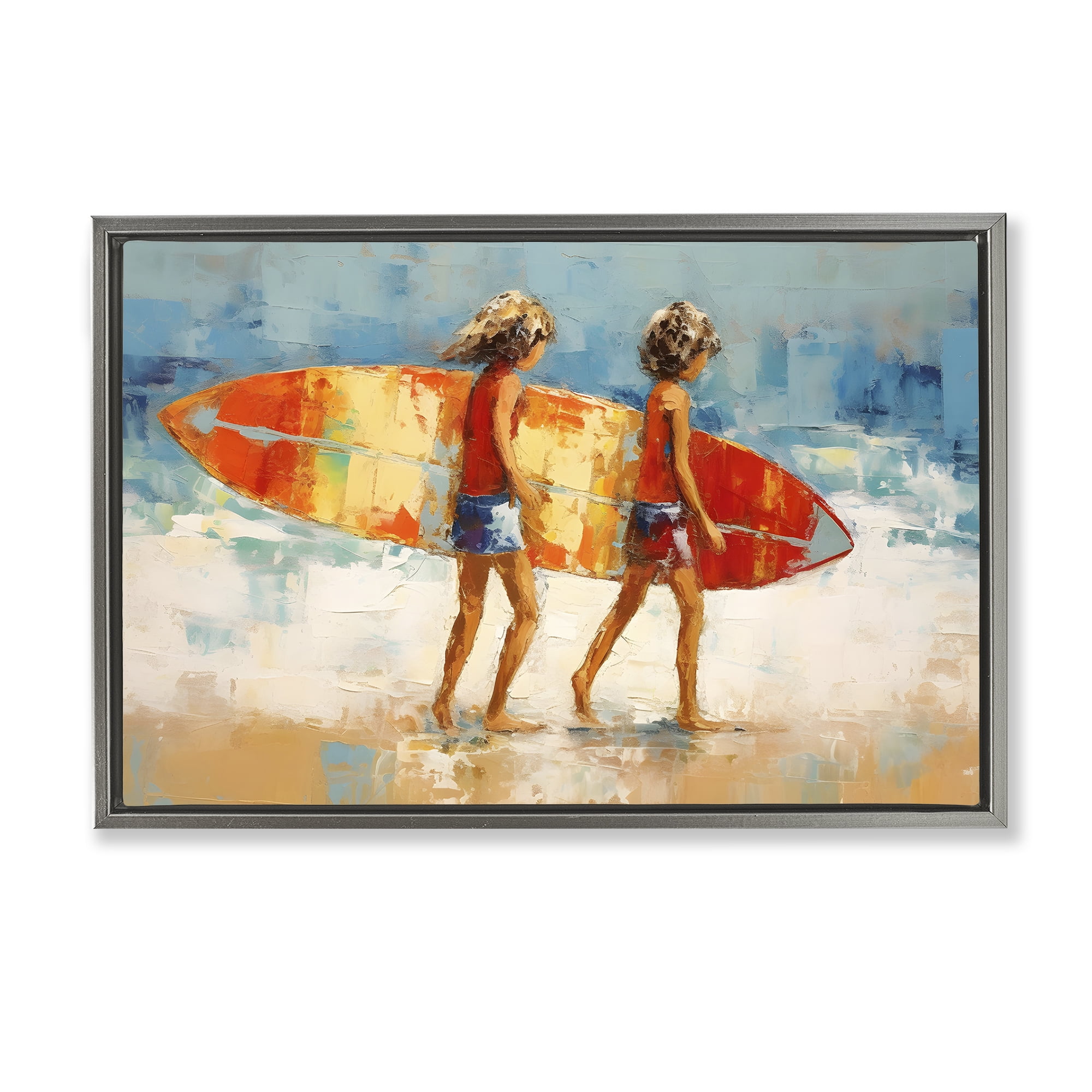 Stupell Industries Kids Holding Surfboard People Painting Gray Floater Framed Canvas Art Print Wall Art, 31 x 21