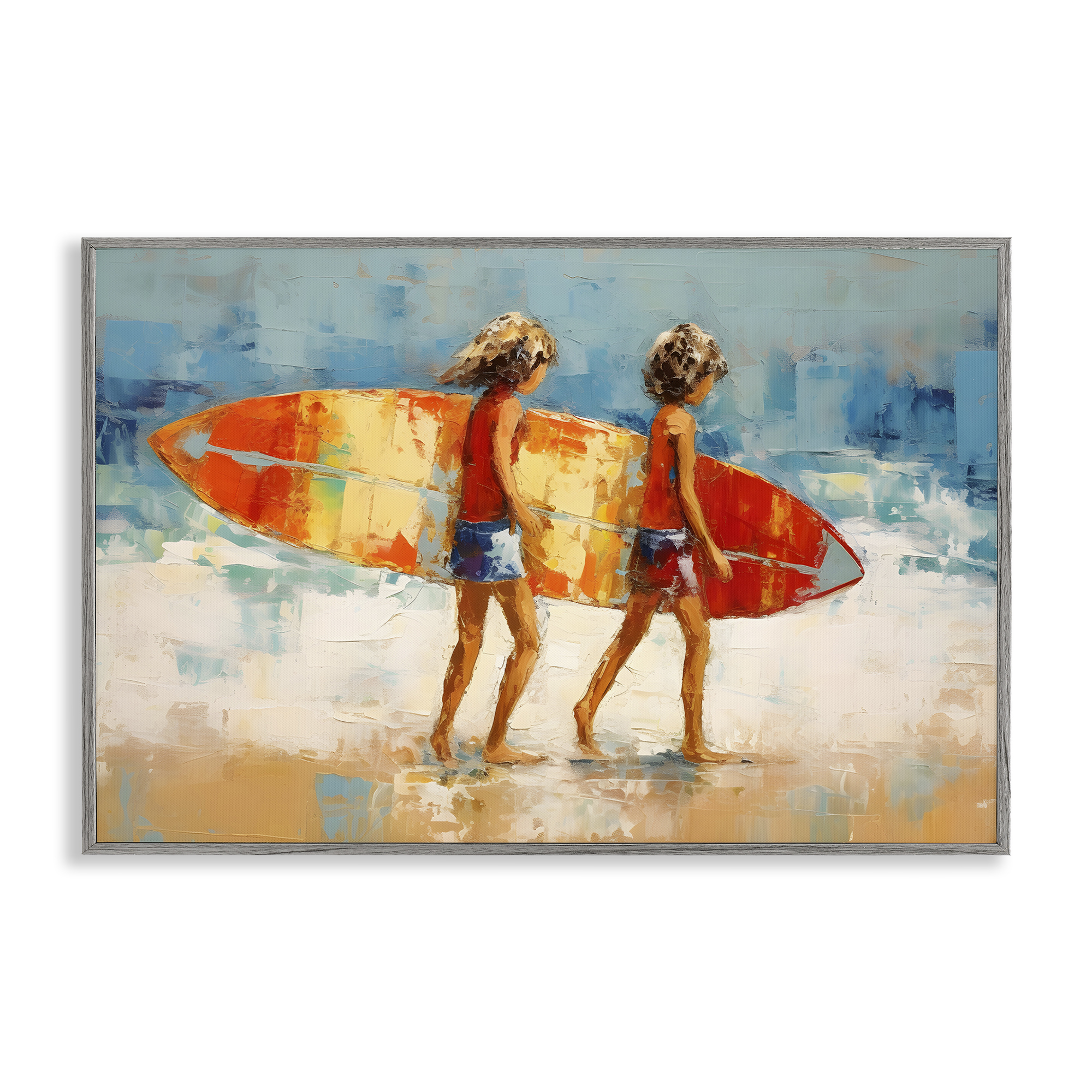 Stupell Industries Kids Holding Surfboard People Painting Gray Framed Art Print Wall Art, 18 x 12