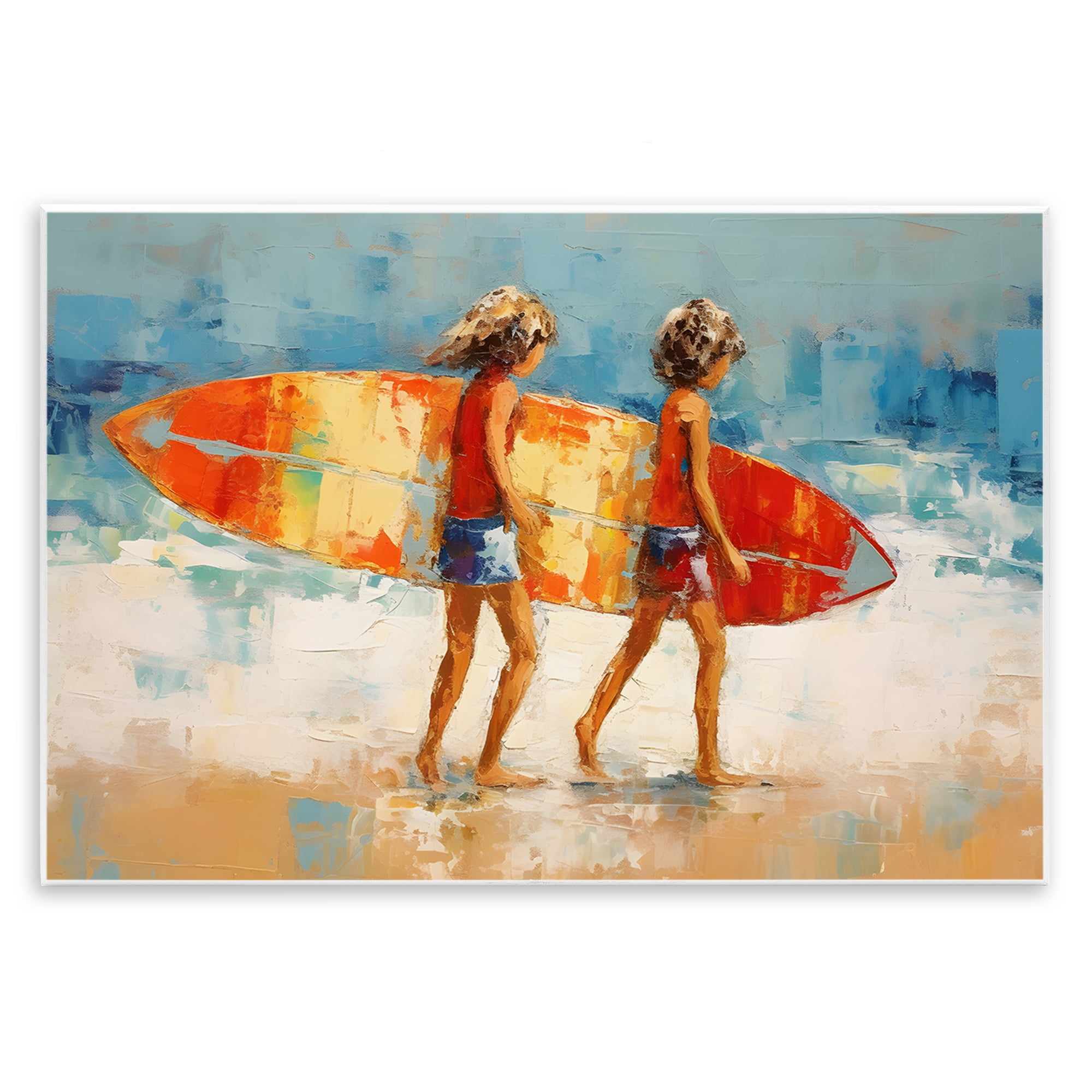 Stupell Industries Kids Holding Surfboard People Painting Unframed Art Print Wall Art, 19 x 13