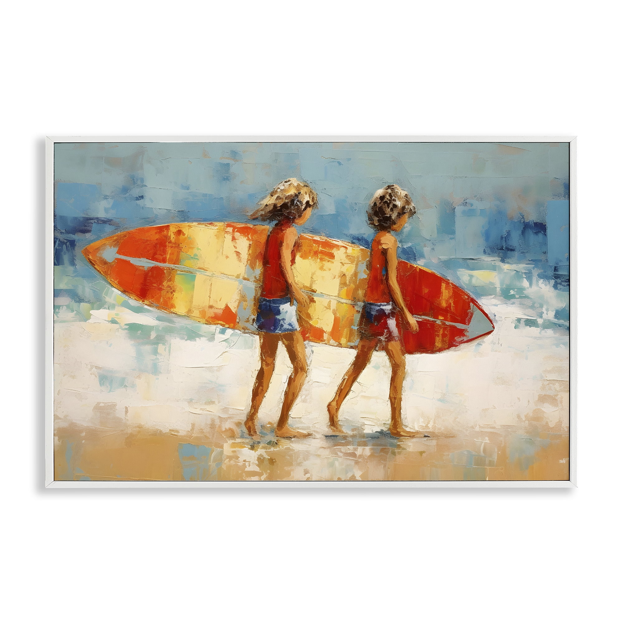 Stupell Industries Kids Holding Surfboard People Painting White Framed Art Print Wall Art, 24 x 16