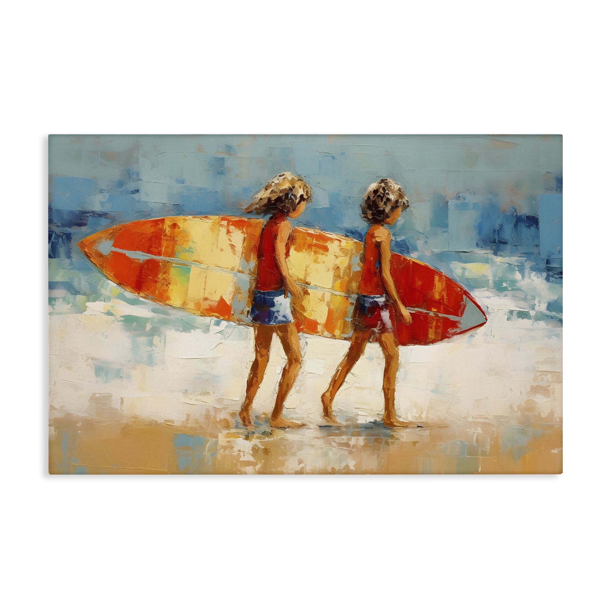 Stupell Industries Kids Holding Surfboard People Painting Wrapped Canvas Art Print Wall Art, 24 x 16