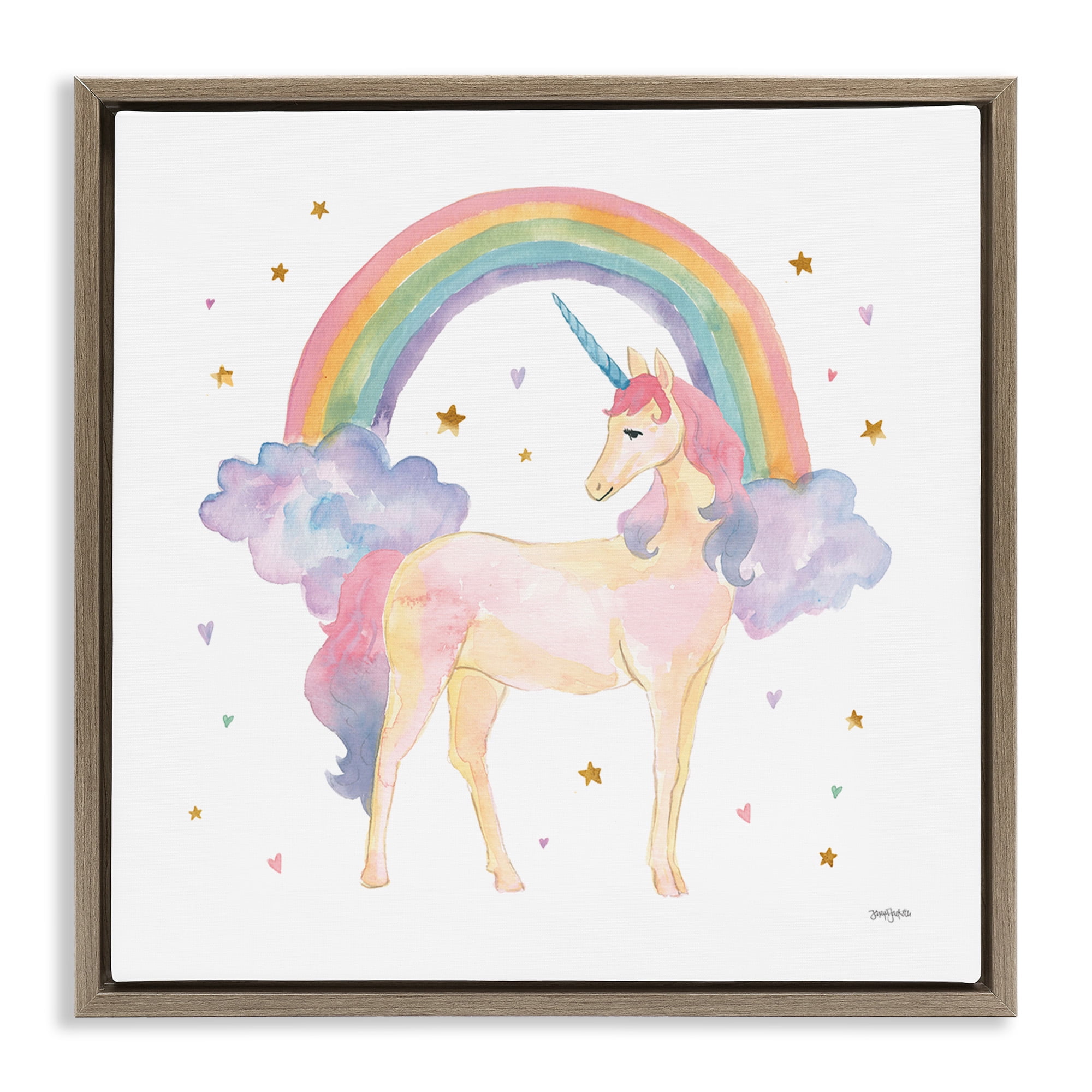Stupell Industries Kids Nursery Unicorn Watercolor Art for Kids Painting Brown Floater Framed Canvas Art Print Wall Art, 18 x 18
