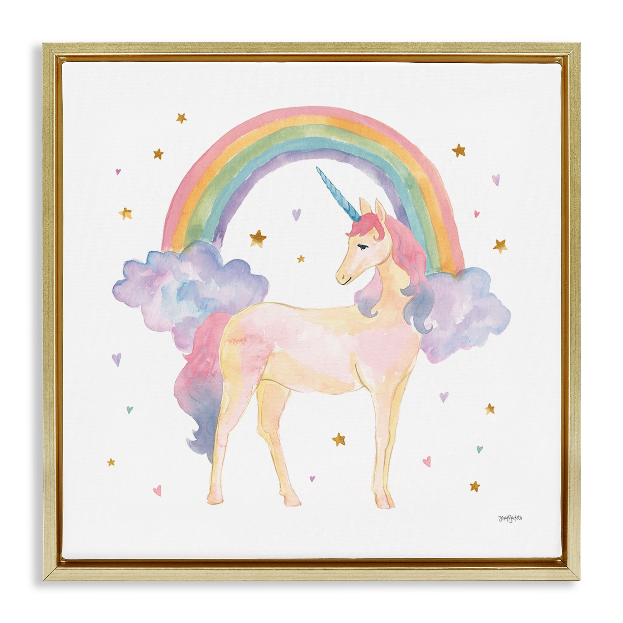 Stupell Industries Kids Nursery Unicorn Watercolor Art for Kids Painting Gold Floater Framed Canvas Art Print Wall Art, 18 x 18