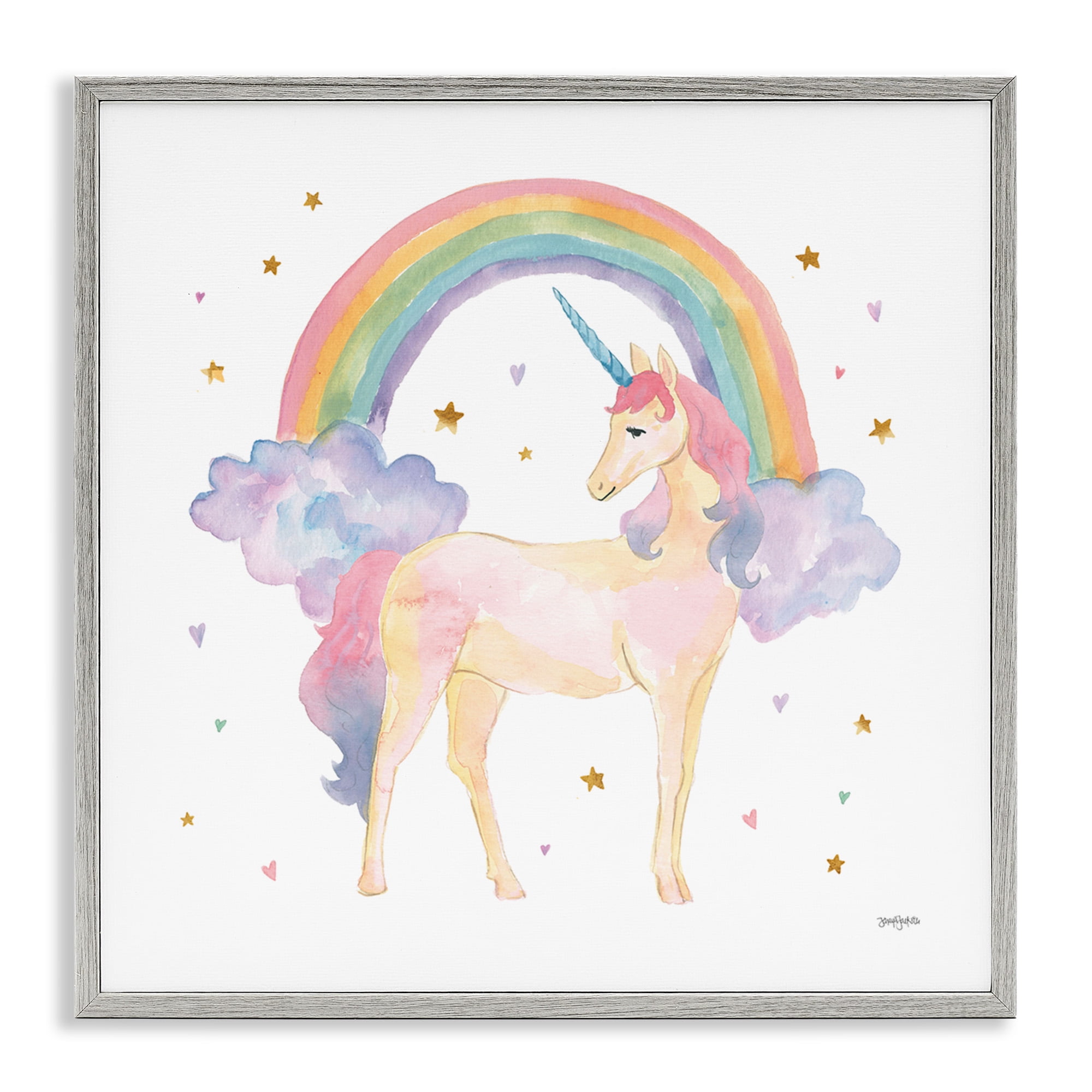 Stupell Industries Kids Nursery Unicorn Watercolor Art for Kids Painting Gray Framed Art Print Wall Art, 17 x 17