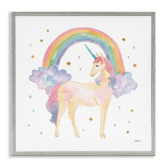 Stupell Industries Kids Nursery Unicorn Watercolor Art for Kids Painting Gray Framed Art Print Wall Art, 17 x 17