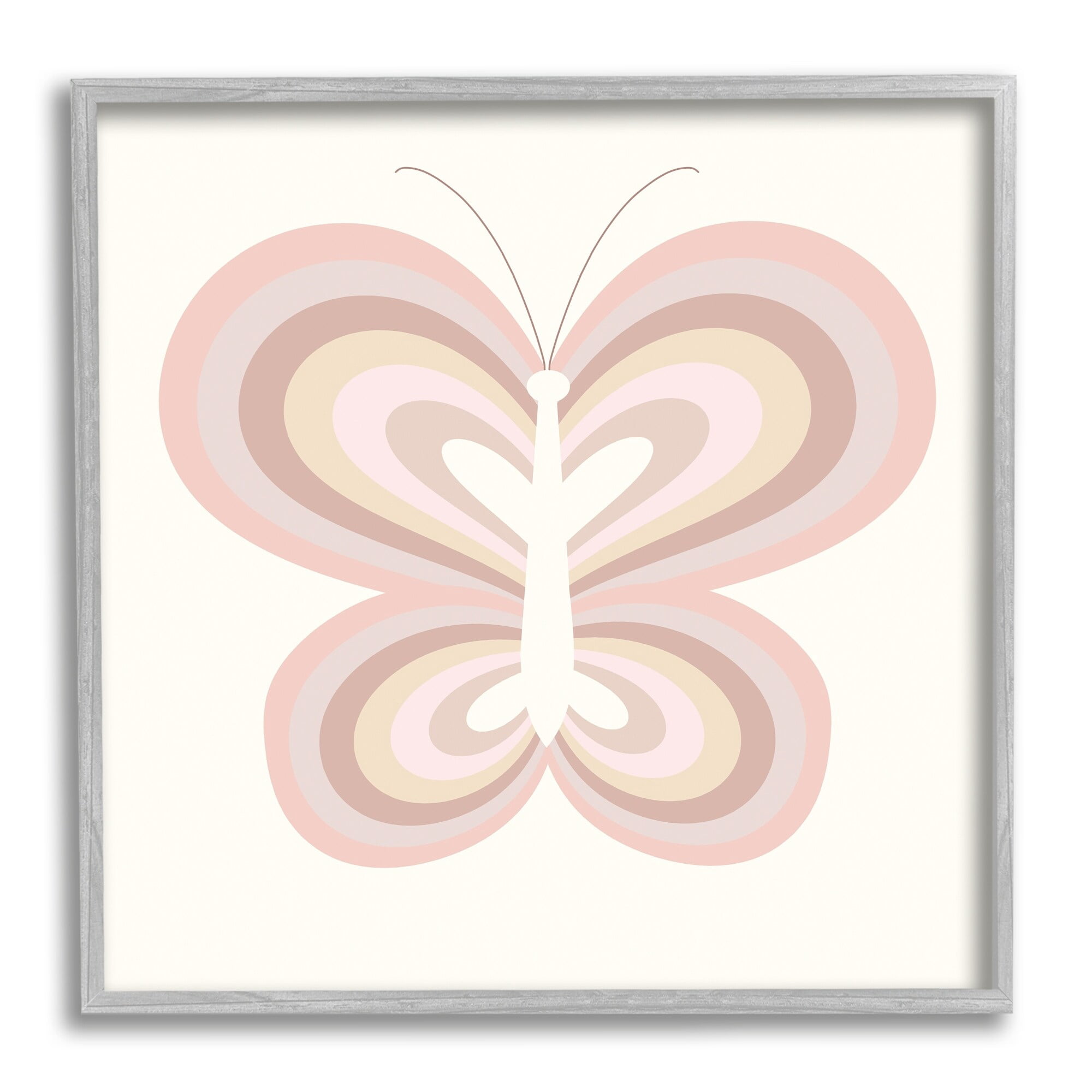 Stupell Industries Kids' Pink Butterfly Illustration Striped Rainbow Wings Graphic Art Gray Framed Art Print Wall Art, 12x12, by Daphne Polselli