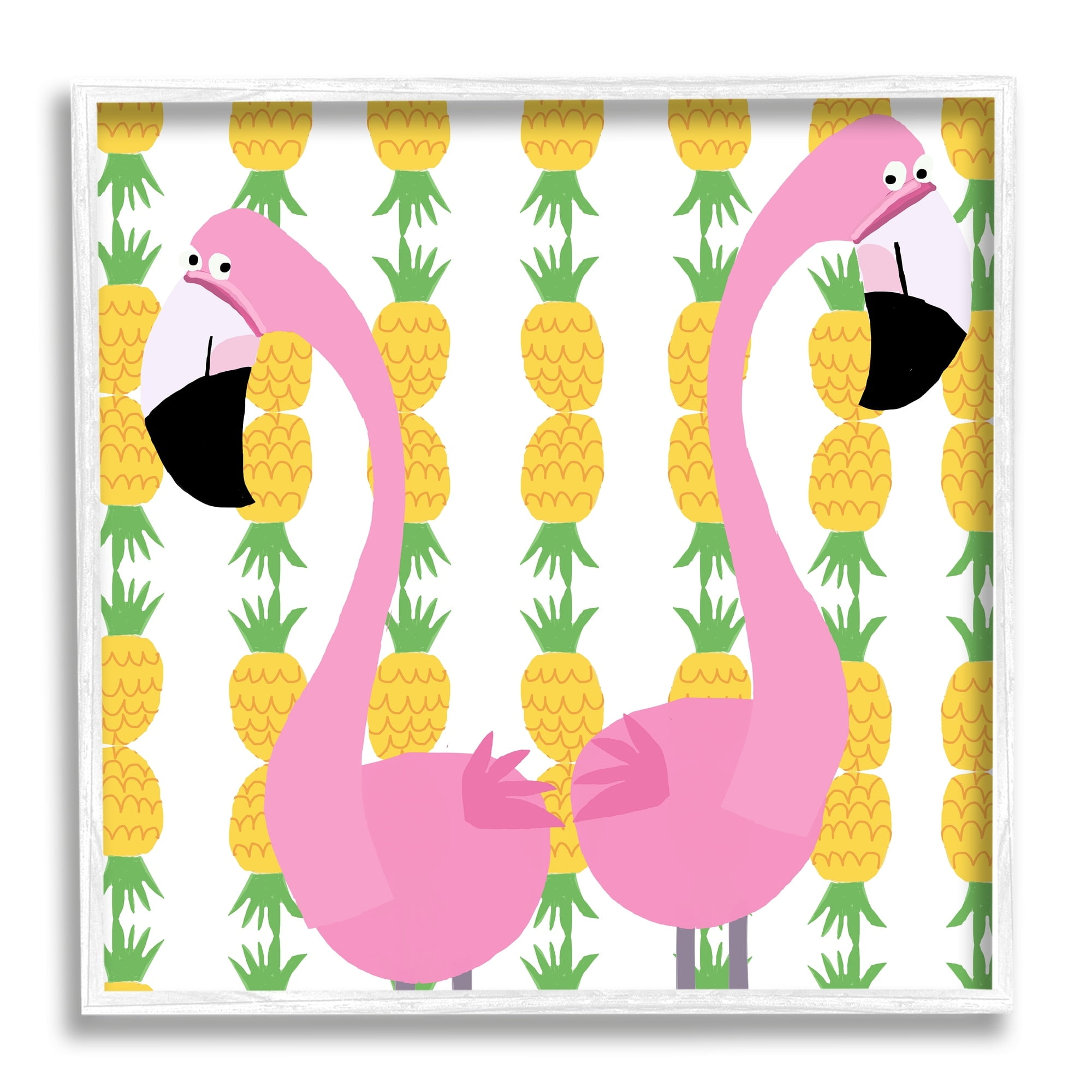 White Framed Pink Flamingo and Pineapple Wall Art, 17" x 17"