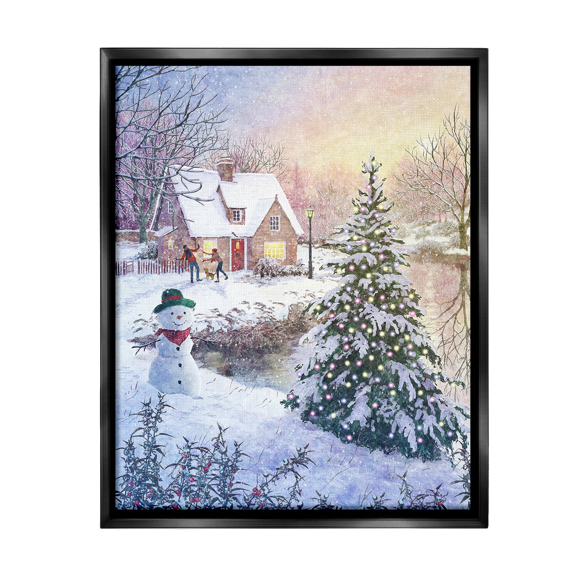 Stupell Industries Kids Playing in Snow Holiday Painting Black Floater Framed Canvas Art Print Wall Art, 17 x 21
