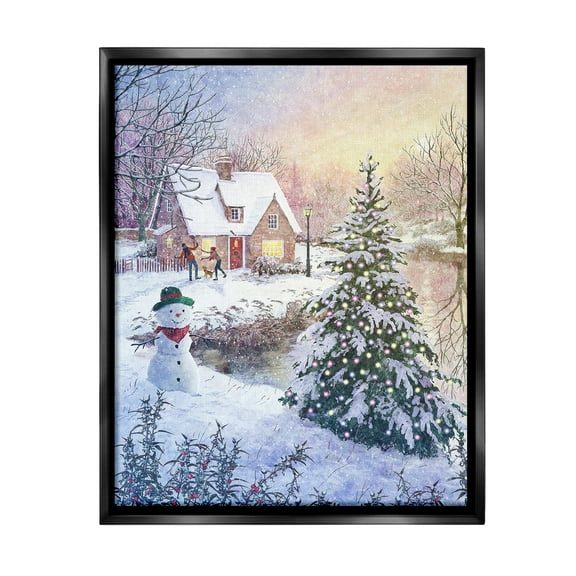 Stupell Industries Kids Playing in Snow Holiday Painting Black Floater Framed Canvas Art Print Wall Art, 17 x 21
