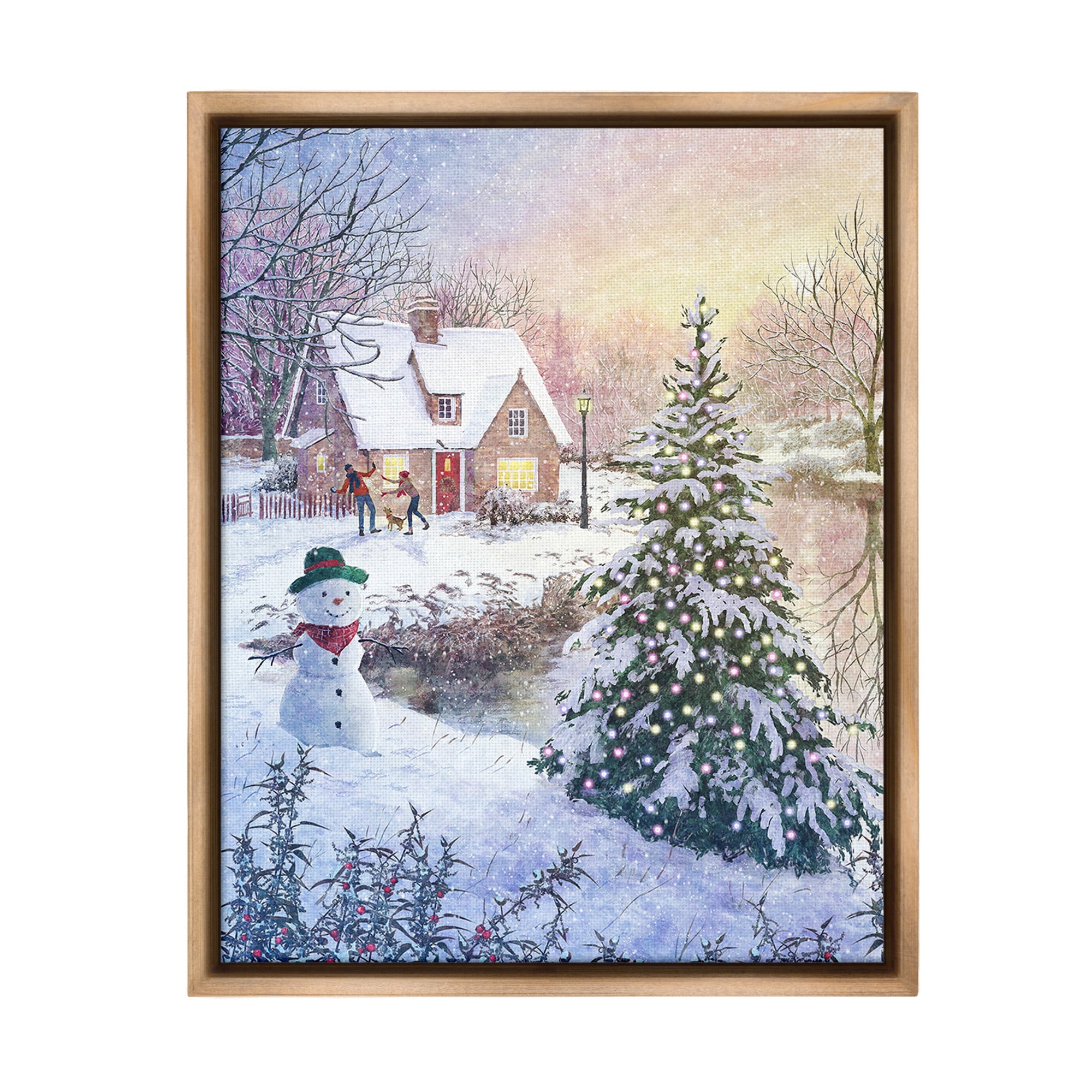 Stupell Industries Kids Playing in Snow Holiday Painting Brown Floater Framed Canvas Art Print Wall Art, 17 x 21