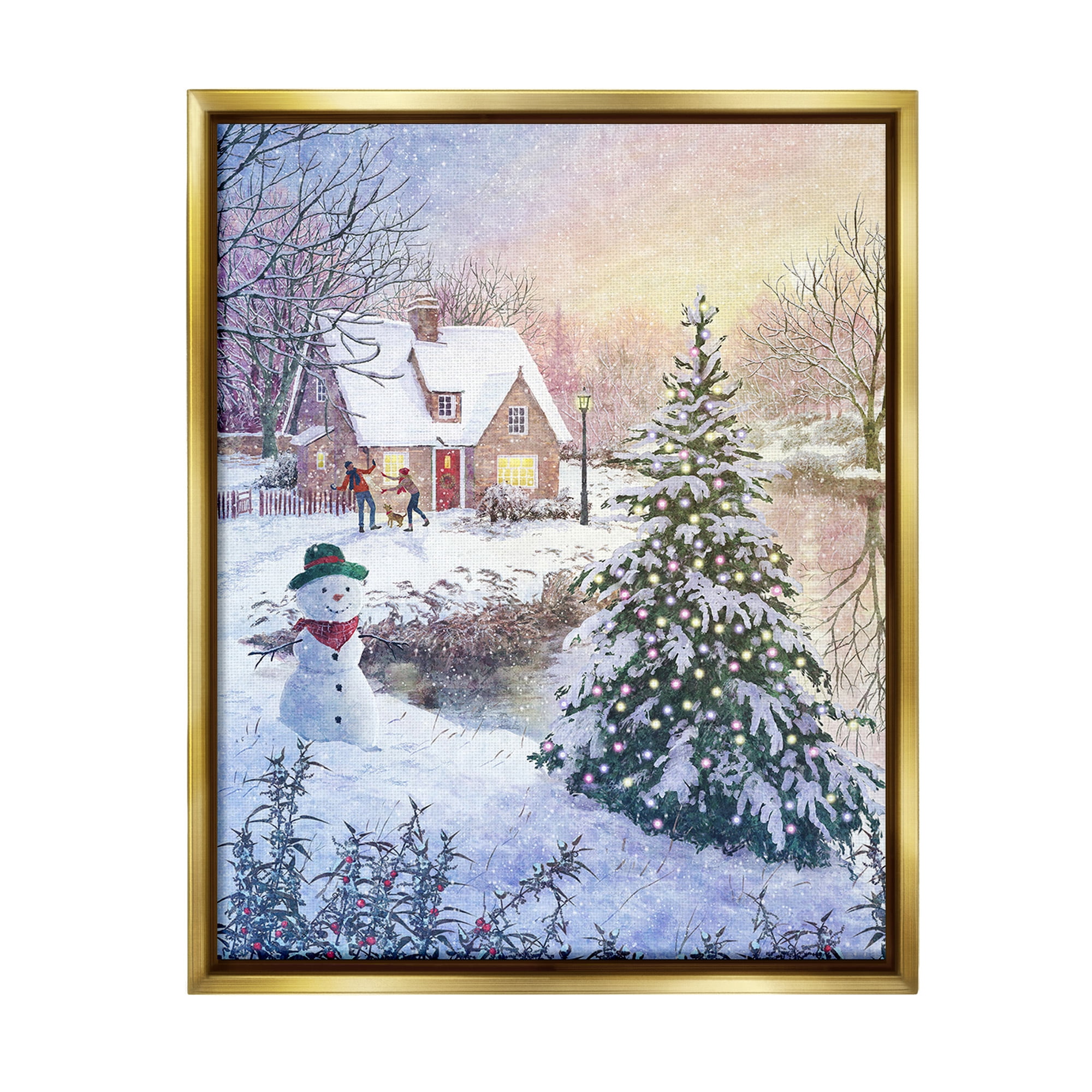Stupell Industries Kids Playing in Snow Holiday Painting Gold Floater Framed Canvas Art Print Wall Art, 25 x 31