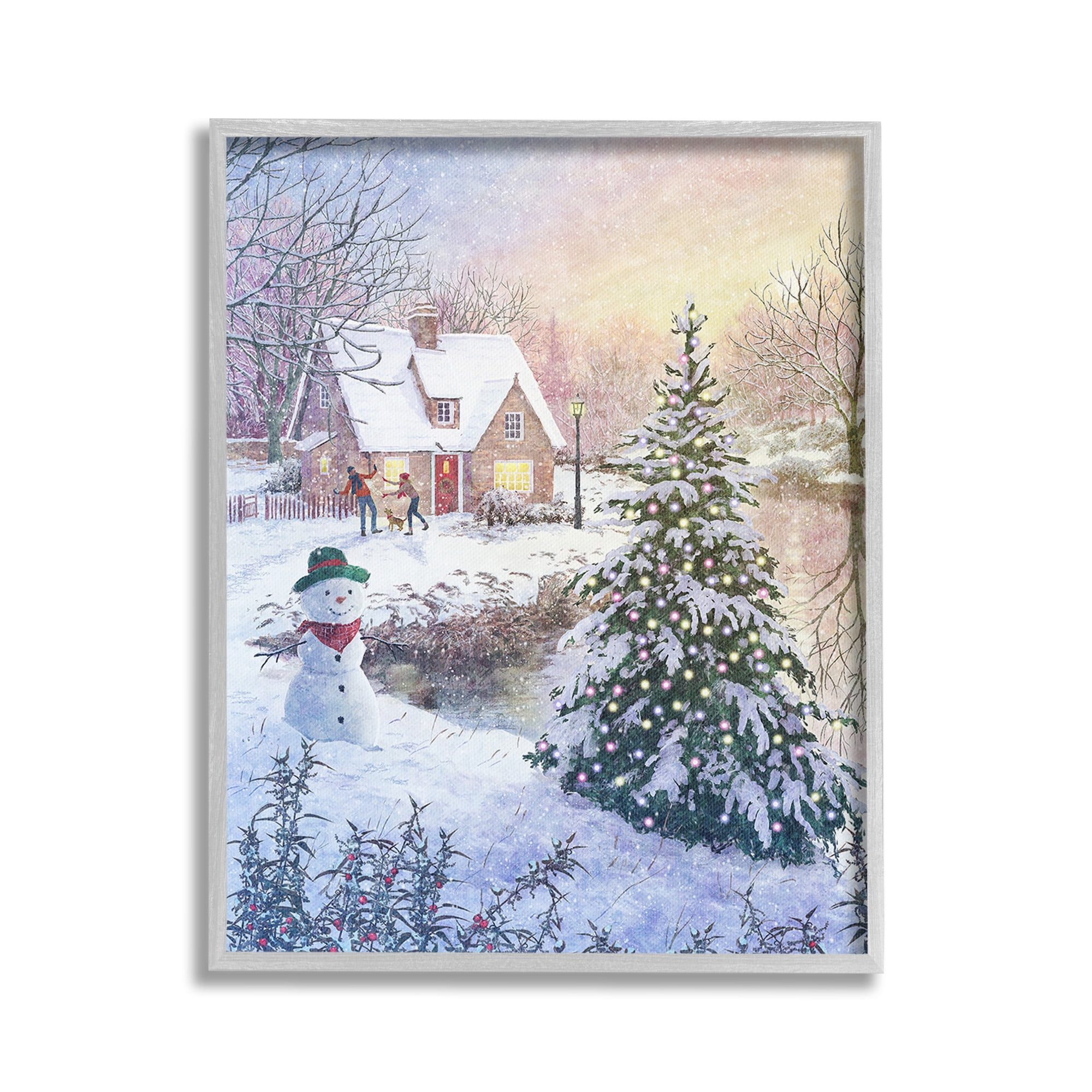 Stupell Industries Kids Playing in Snow Holiday Painting Gray Framed Art Print Wall Art, 24 x 30