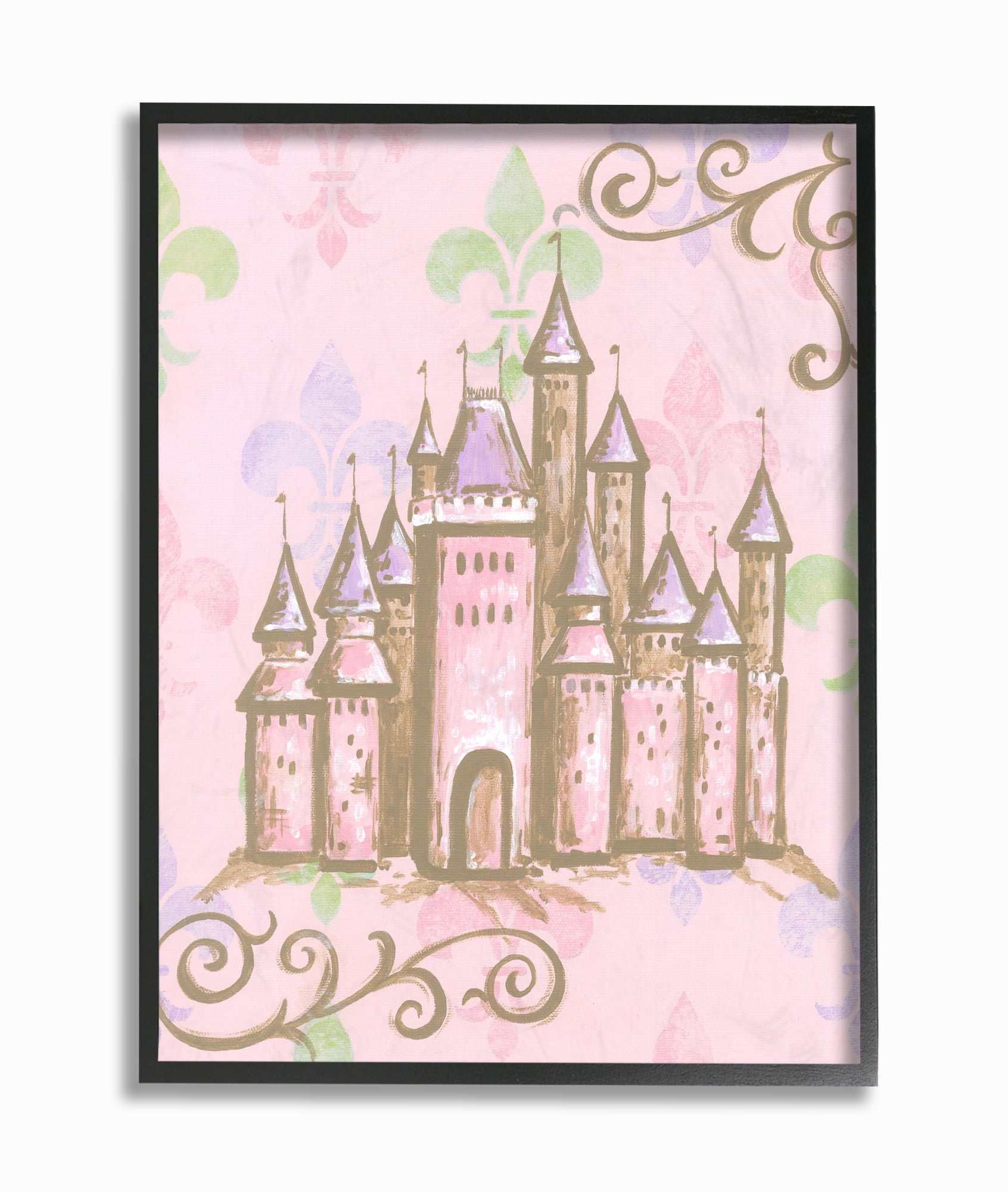 Stupell Industries The Kids Room by Stupell Castle with Fleur de Lis on Pink Background Graphic Art Black Framed Art Print Wall Art, 24x30, by Reesa Qualia