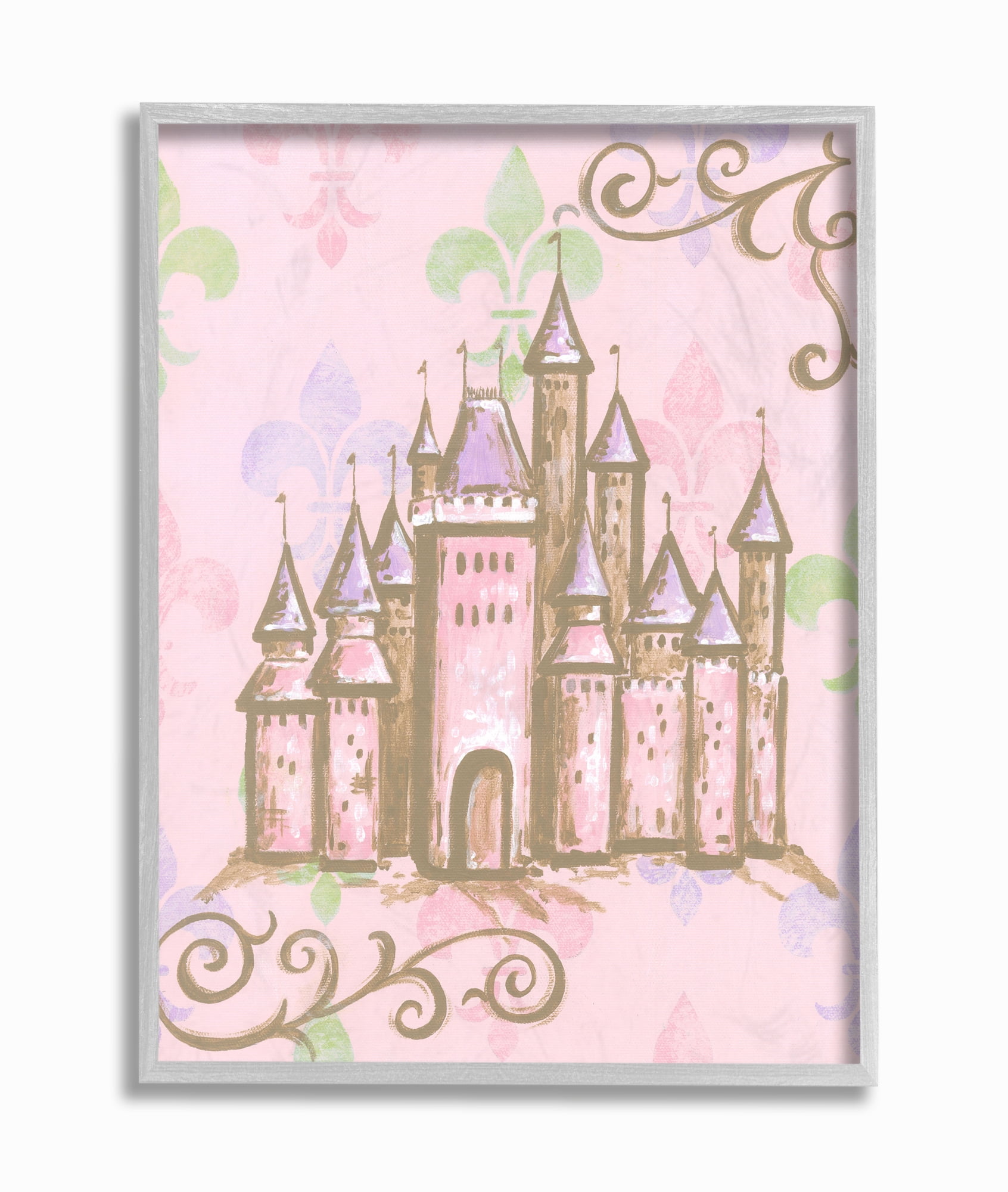 Stupell Industries The Kids Room by Stupell Castle with Fleur de Lis on Pink Background Graphic Art Gray Framed Art Print Wall Art, 16x20, by Reesa Qualia