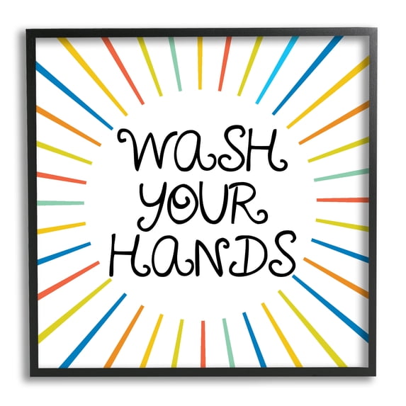 Stupell Industries Kids' Wash Your Hands Bathroom Rules Rainbow Stripes Typography Painting Black Framed Art Print Wall Art, 12 x 12