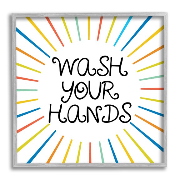Stupell Industries Kids' Wash Your Hands Bathroom Rules Rainbow Stripes Typography Painting Gray Framed Art Print Wall Art, 12 x 12
