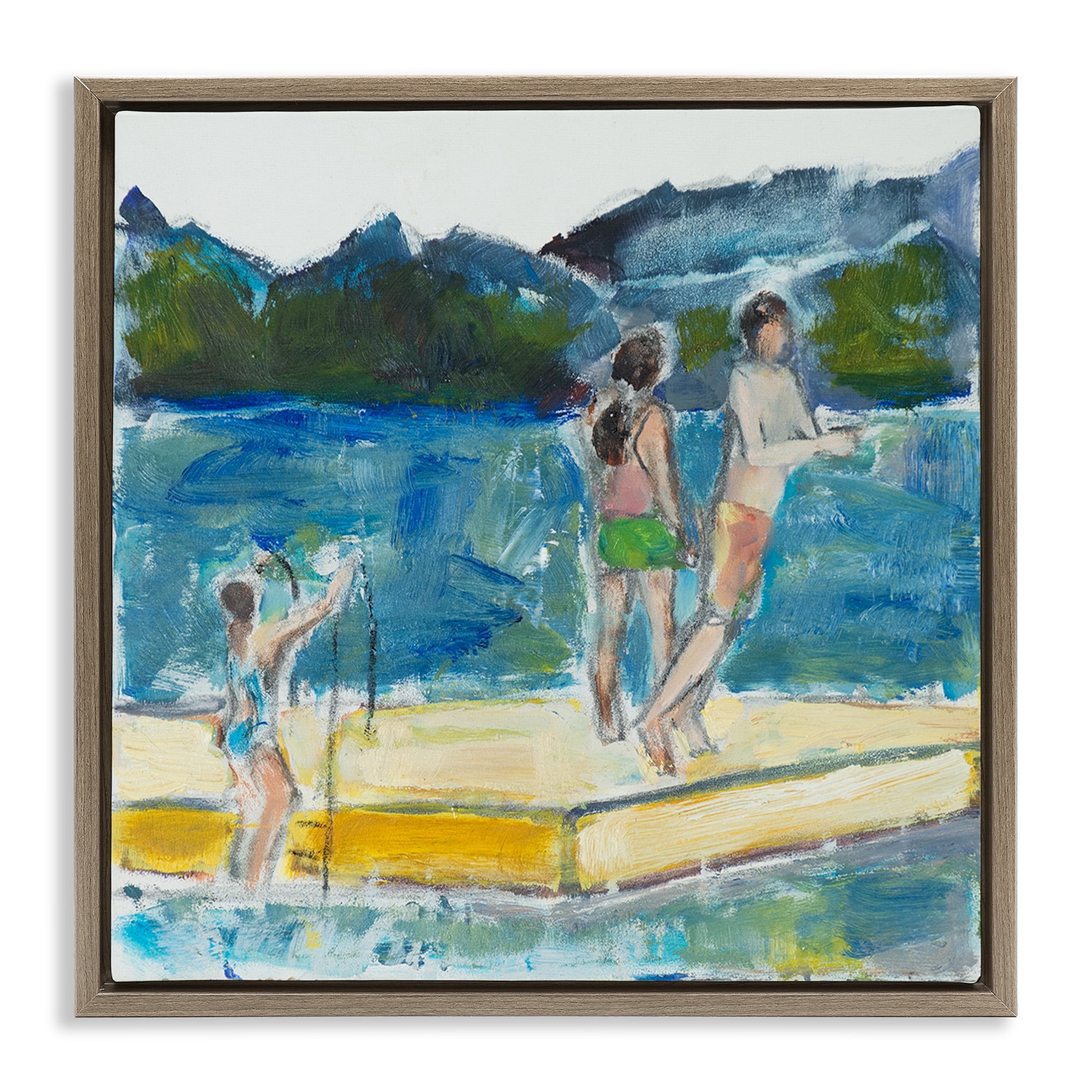 Stupell Industries Kids on Swimming Dock Abstract Sports Painting Brown Floater Framed Canvas Art Print Wall Art, 18 x 18