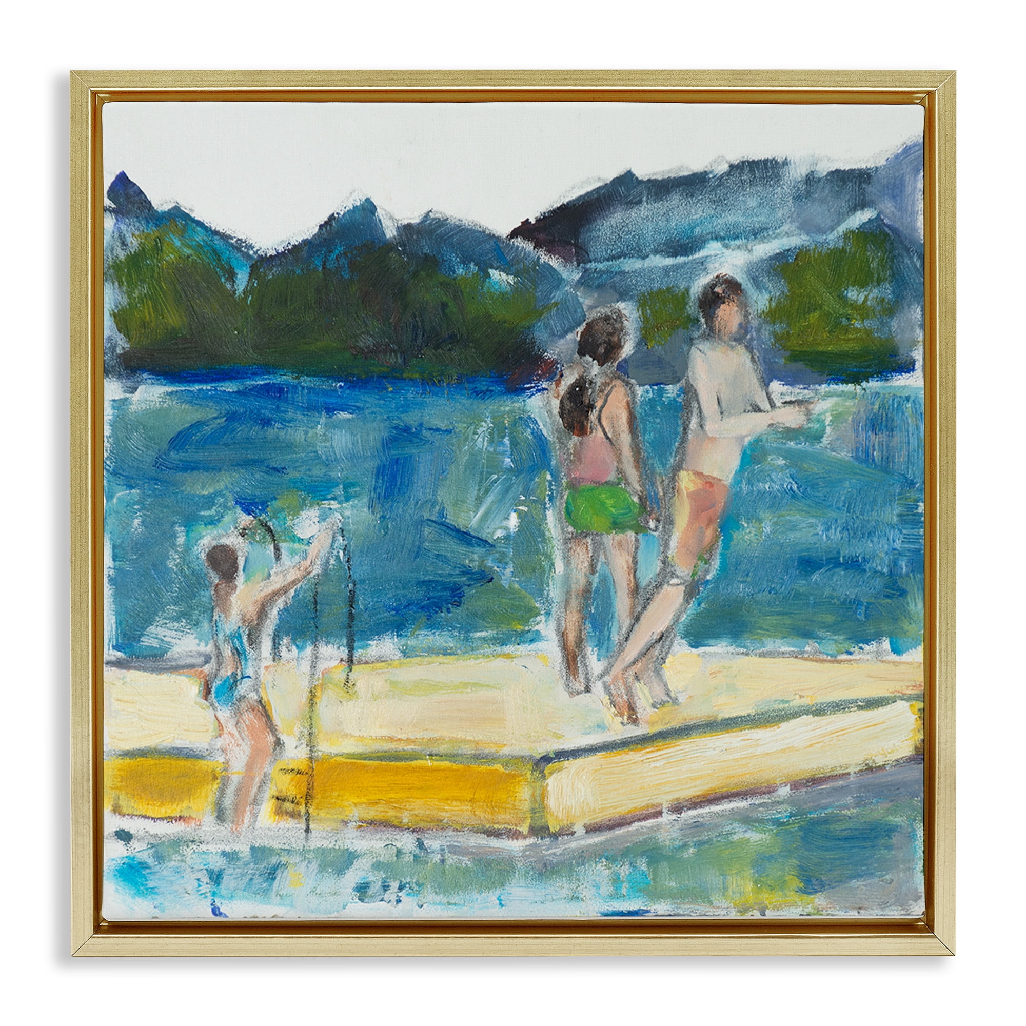 Stupell Industries Kids on Swimming Dock Abstract Sports Painting Gold Floater Framed Canvas Art Print Wall Art, 25 x 25