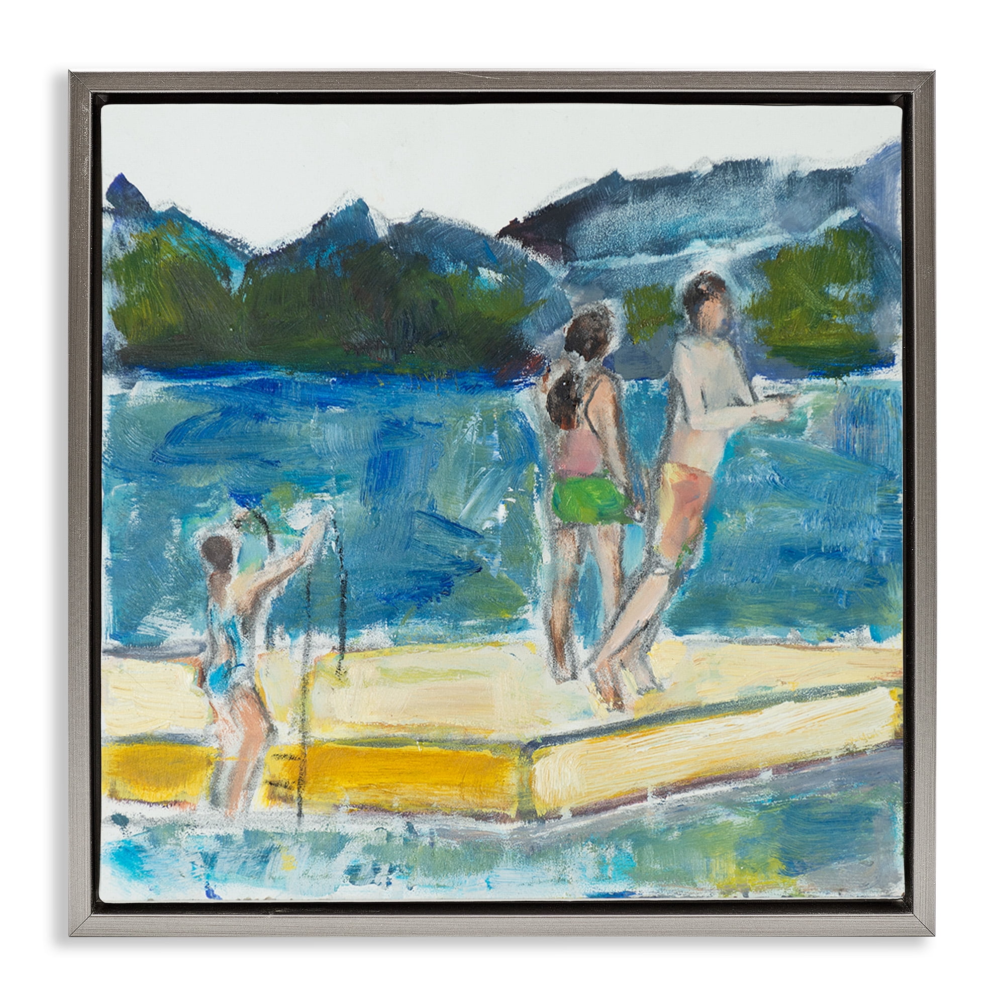 Stupell Industries Kids on Swimming Dock Abstract Sports Painting Gray Floater Framed Canvas Art Print Wall Art, 18 x 18