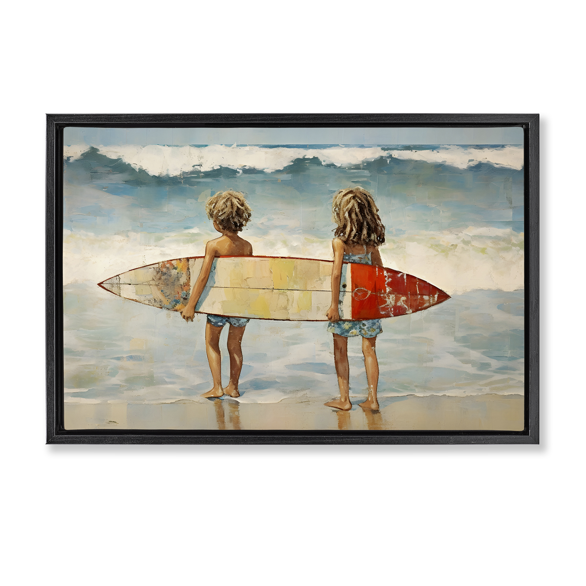 Stupell Industries Kids with Surf Waves People Painting Black Floater Framed Canvas Art Print Wall Art, 25 x 17