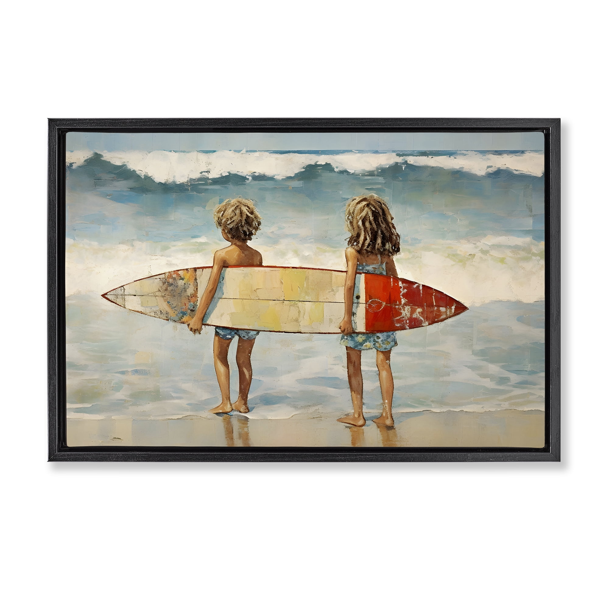 Stupell Industries Kids with Surf Waves People Painting Black Floater Framed Canvas Art Print Wall Art, 31 x 21