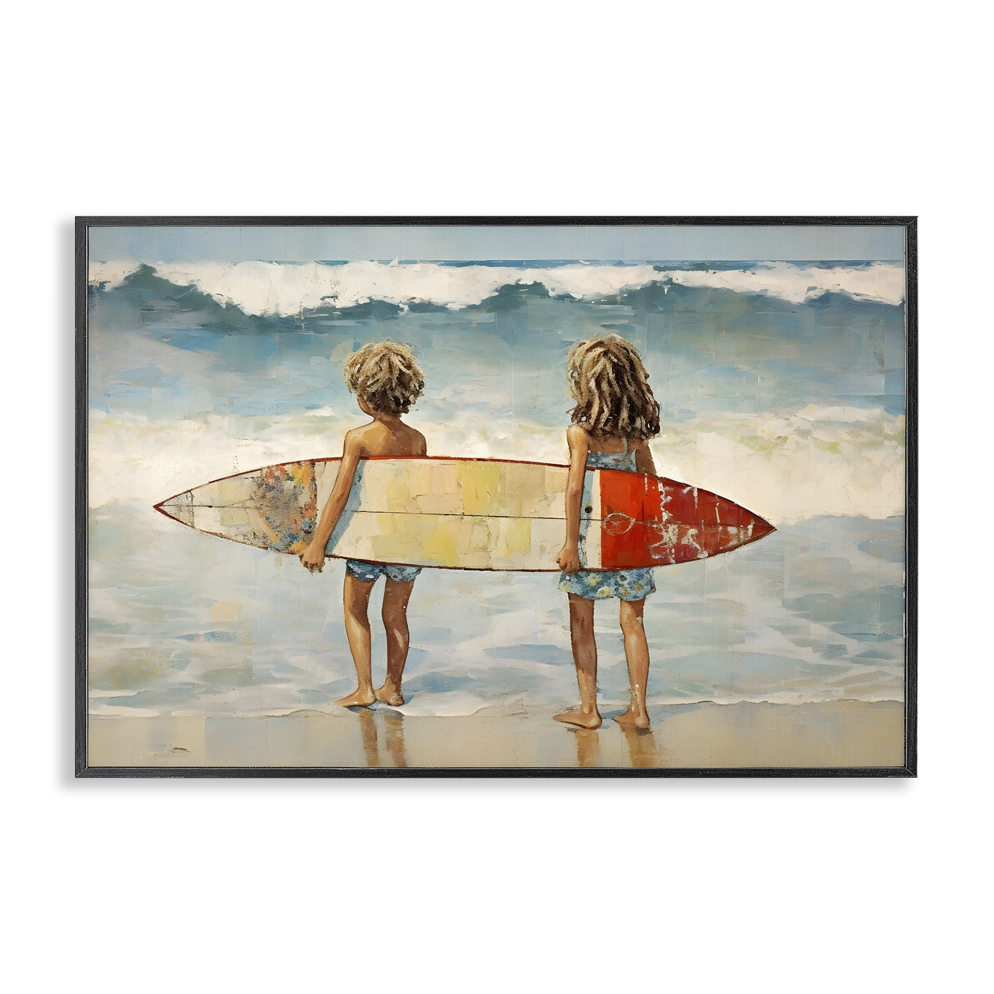 Stupell Industries Kids with Surf Waves People Painting Black Framed Art Print Wall Art, 18 x 12