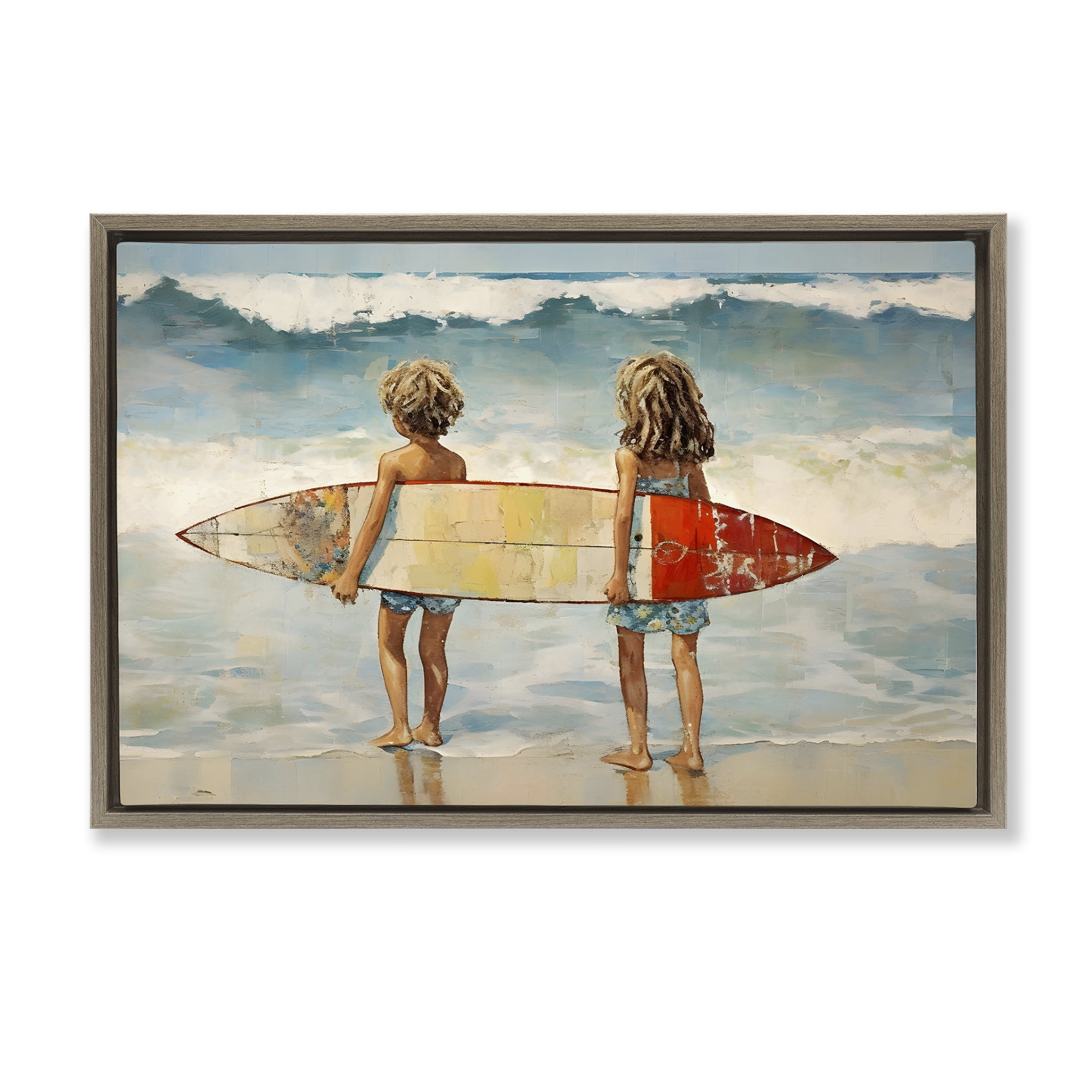 Stupell Industries Kids with Surf Waves People Painting Brown Floater Framed Canvas Art Print Wall Art, 31 x 21