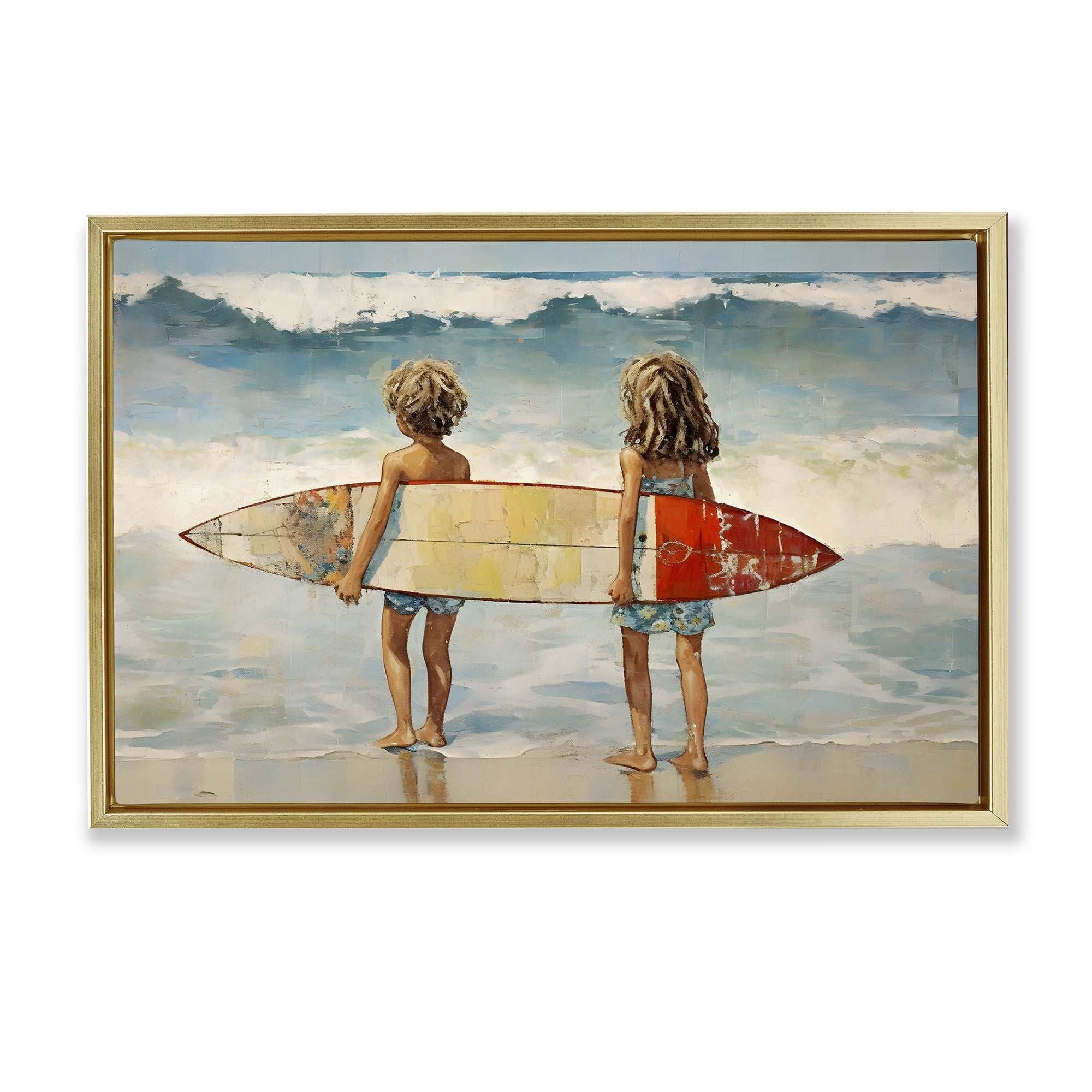 Stupell Industries Kids with Surf Waves People Painting Gold Floater Framed Canvas Art Print Wall Art, 25 x 17